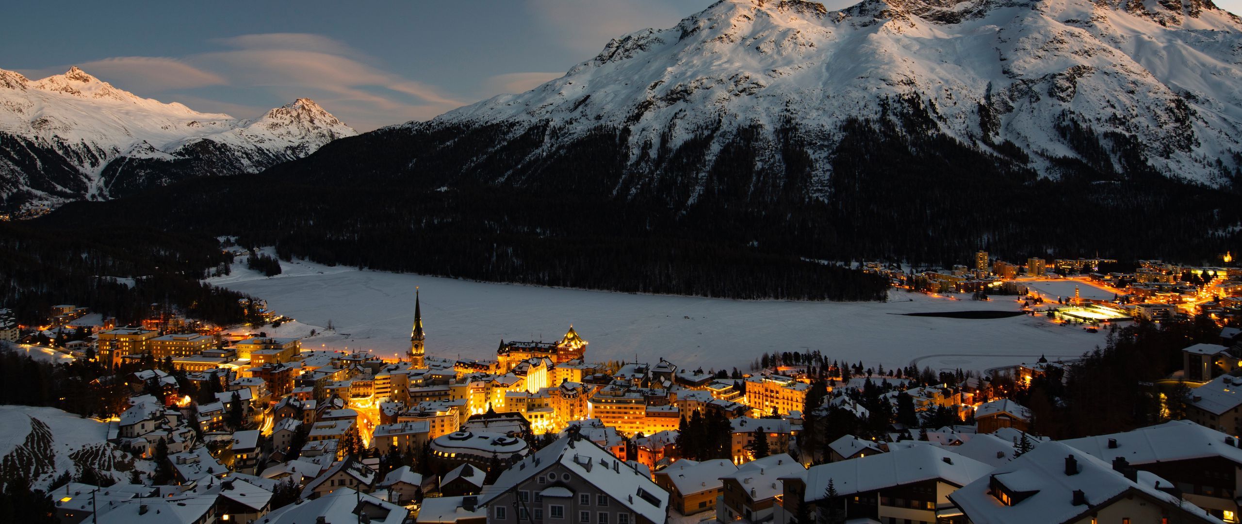Download wallpaper 2560x1080 mountain, winter, village, snow, light, switzerland dual wide 1080p HD background