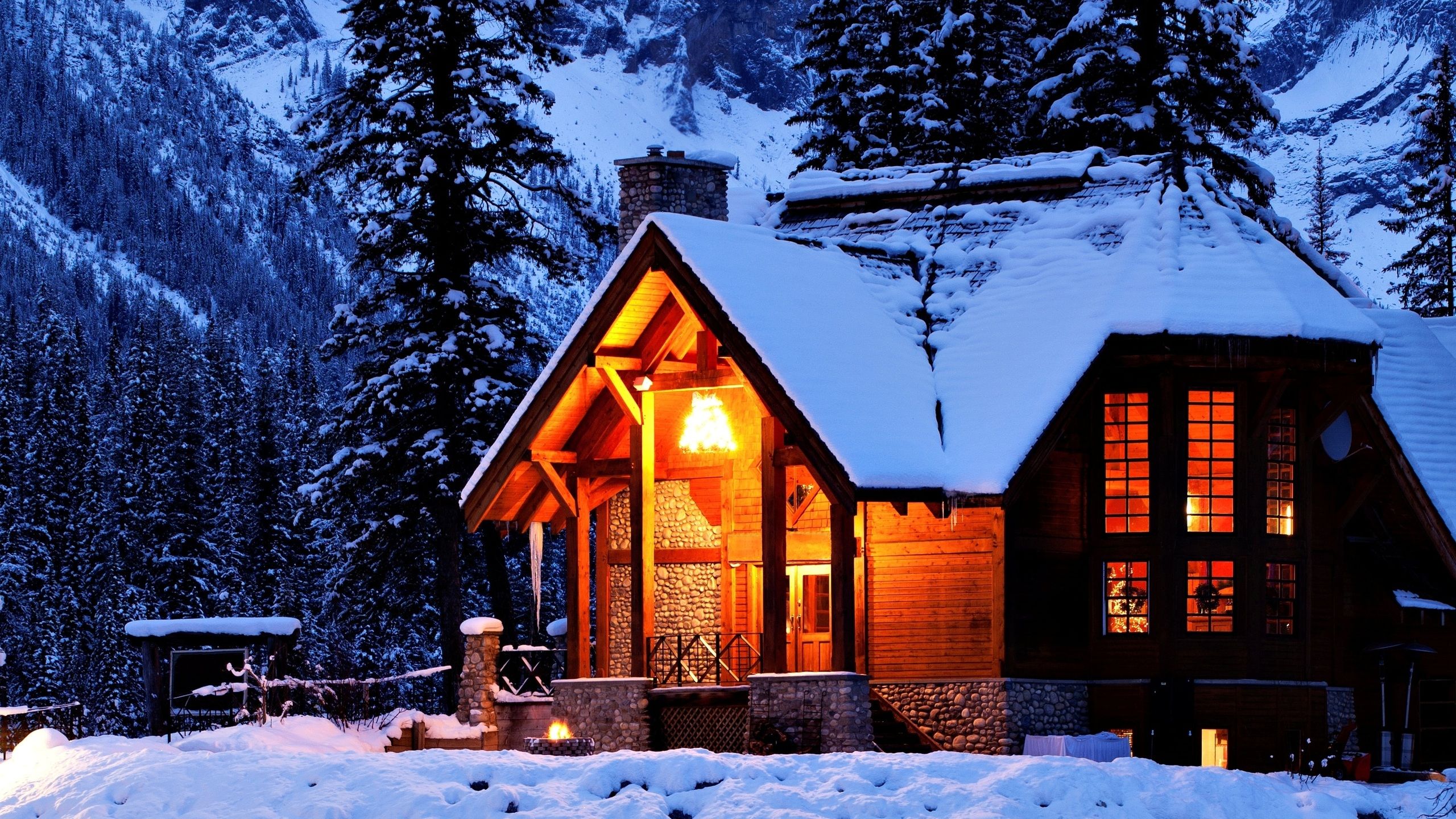 house, trees, winter, snow, nature, mountains, house, night, light desktop wallpaper 12433