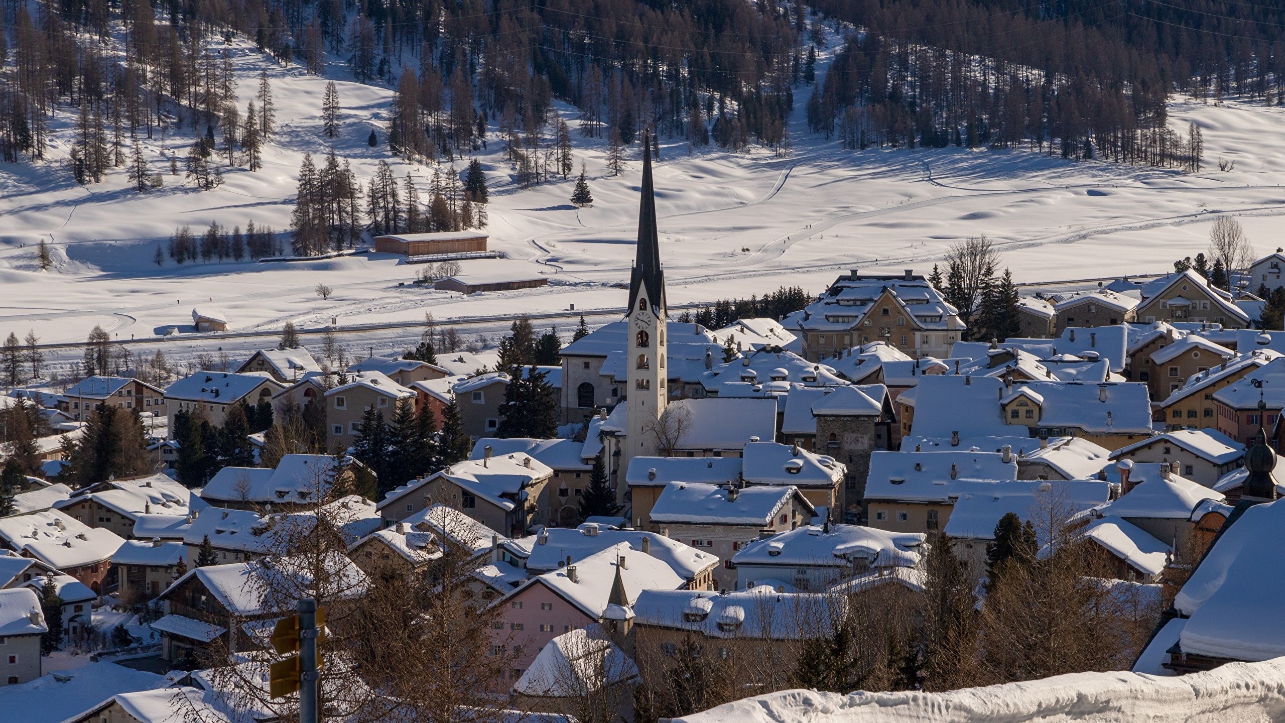 Desktop Wallpaper Church Switzerland Village Winter Snow 2560x1440