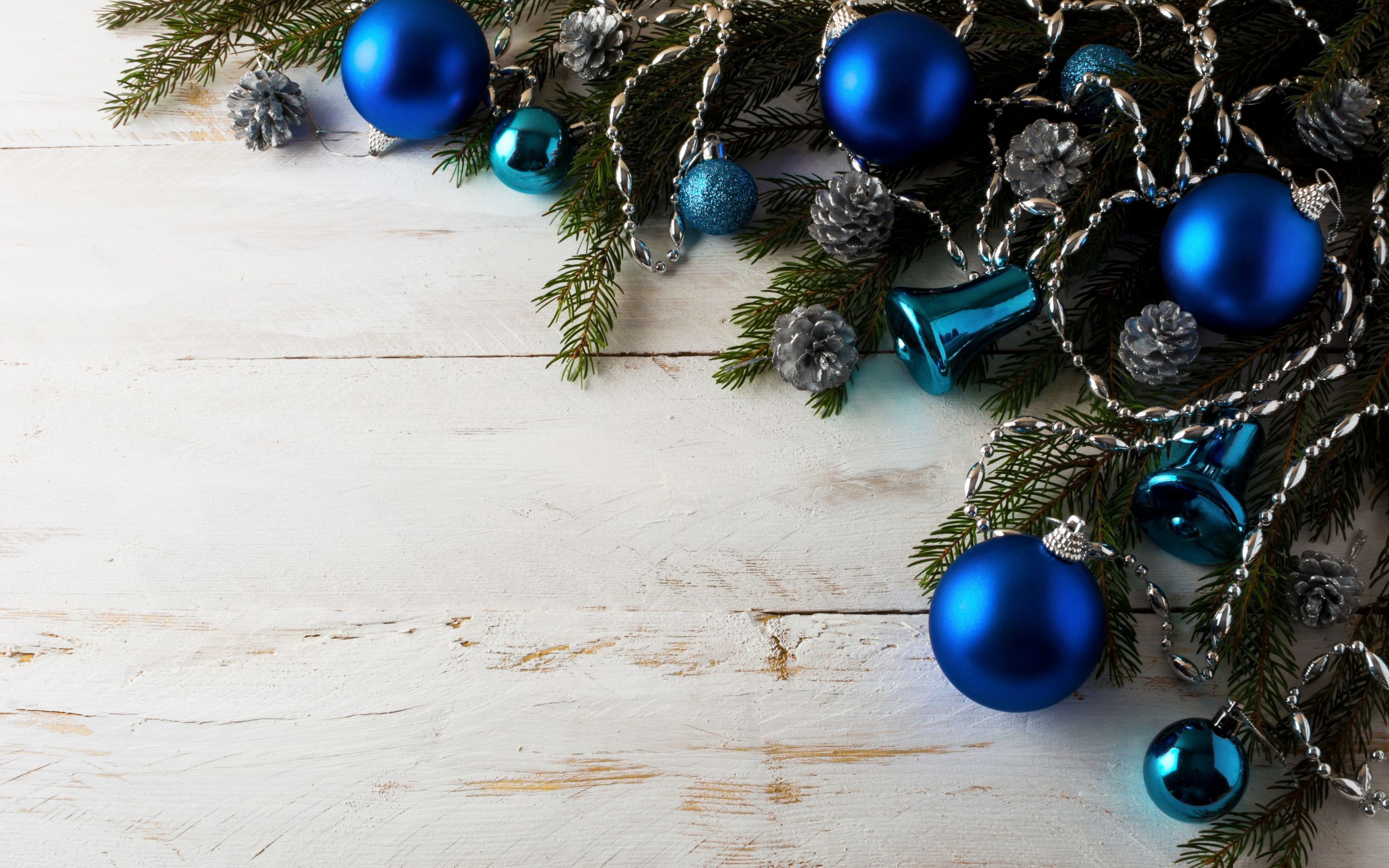 Download wallpaper Blue christmas balls, Happy New Year, Christmas background, Blue Christmas bells, Christmas, white wood texture for desktop with resolution 2880x1800. High Quality HD picture wallpaper