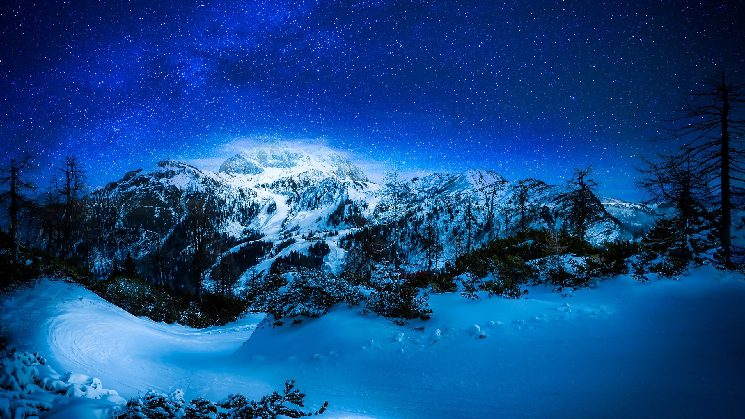 Desktop Wallpaper Stars Winter Nature Mountains Sky Snow 2560x1440