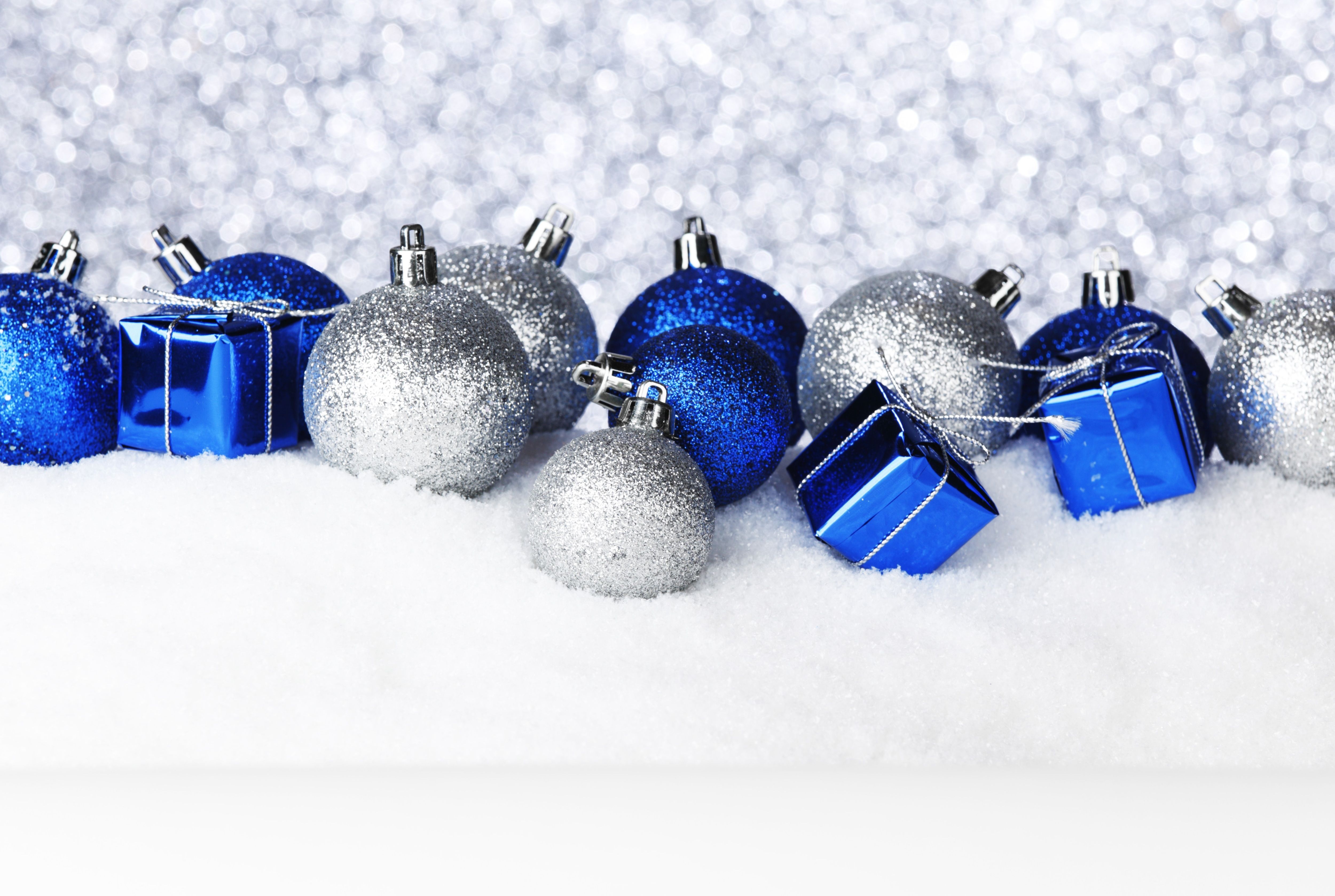 Download wallpaper winter, balls, snow, toys, New Year, Christmas, the scenery, white, Christmas, blue, holidays, New Year, Christmas, section new year / christmas in resolution 5000x3358