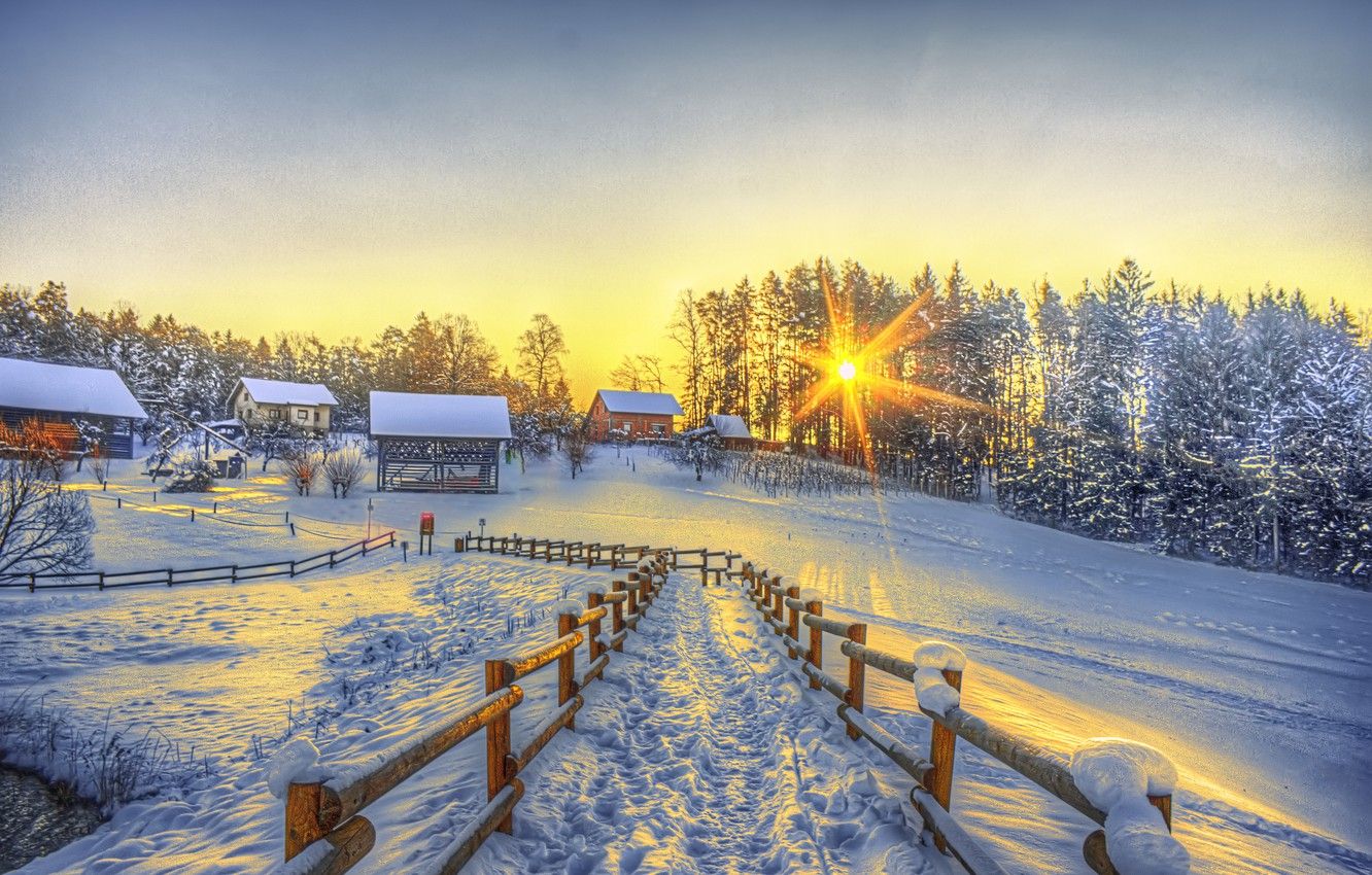 Wallpaper winter, the sun, snow, the fence, home, trail, village, hdr, winter image for desktop, section природа