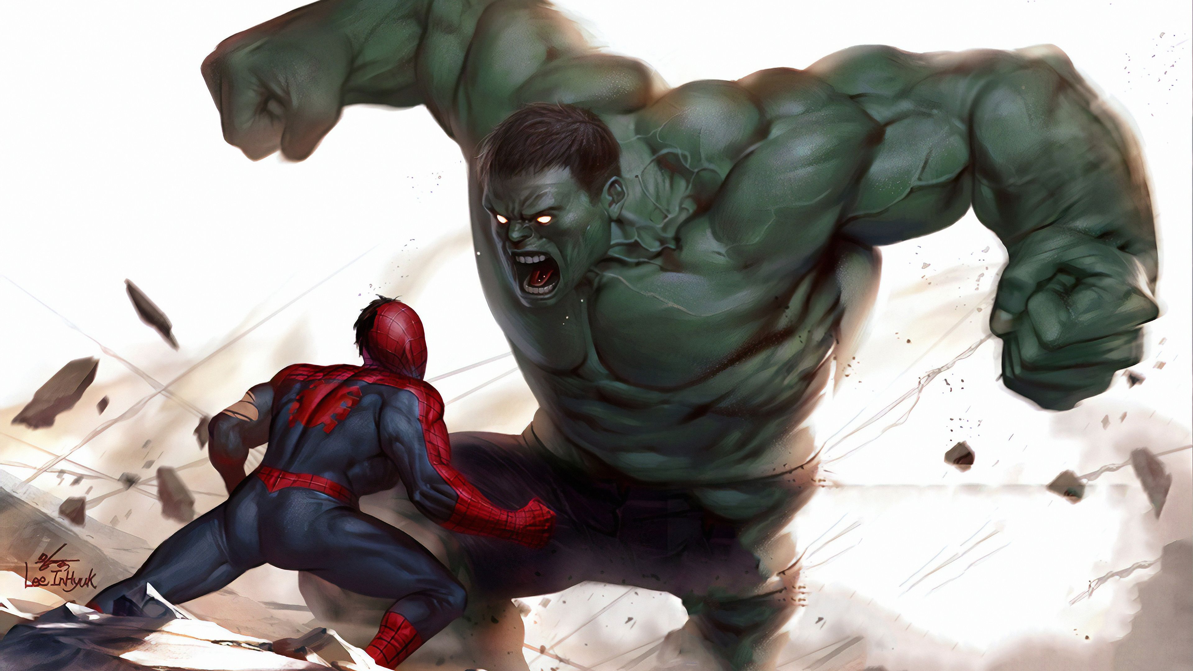 Wallpaper 4k Hulk Vs Spiderman Art Wallpaper