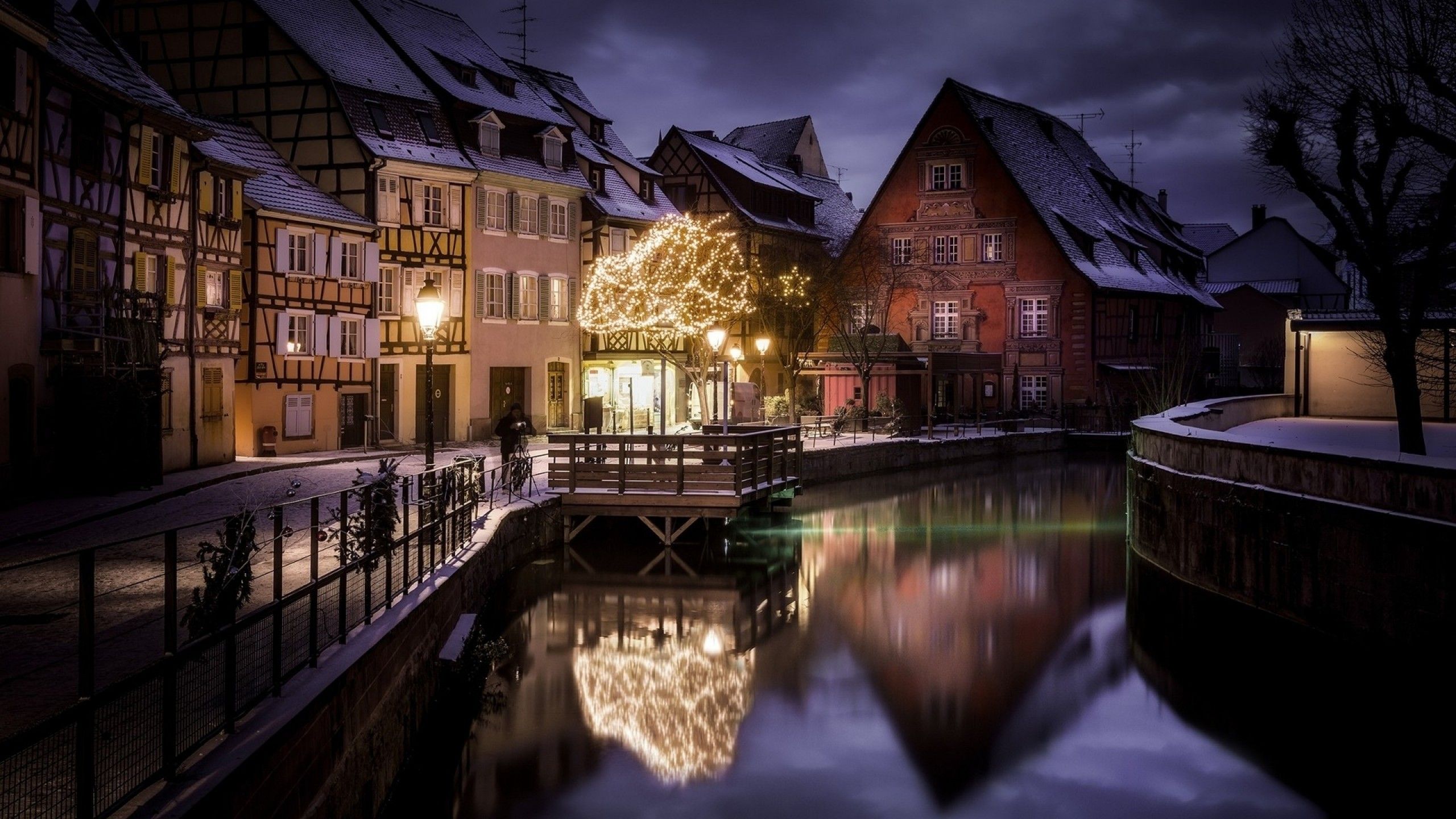 Download 2560x1440 France, Canal, Buildings, Lights, Christmas, Water, Winter, Night, Tree, Ornaments Wallpaper for iMac 27 inch