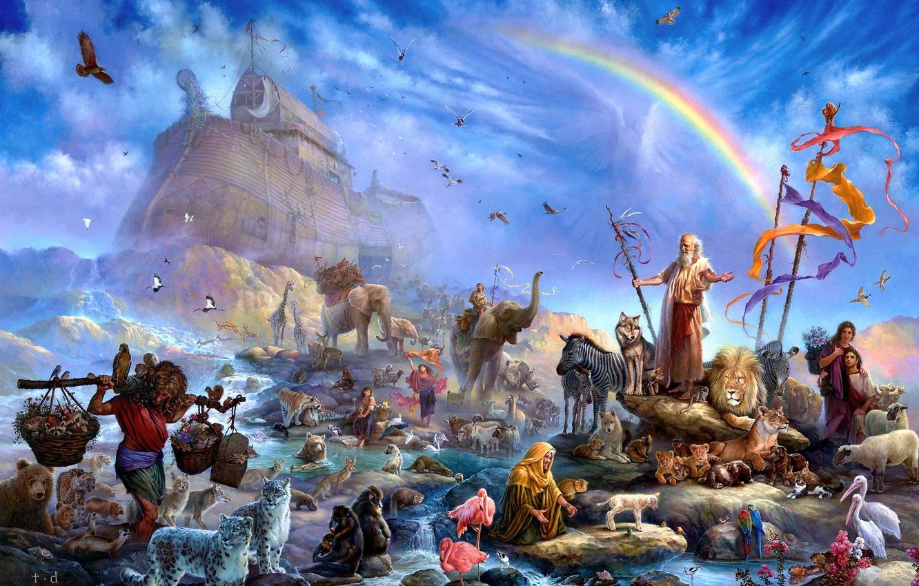 Wallpaper animals, people, rainbow, art, salvation, the ark, Tom duBois, Noah's ark, Noah image for desktop, section фантастика