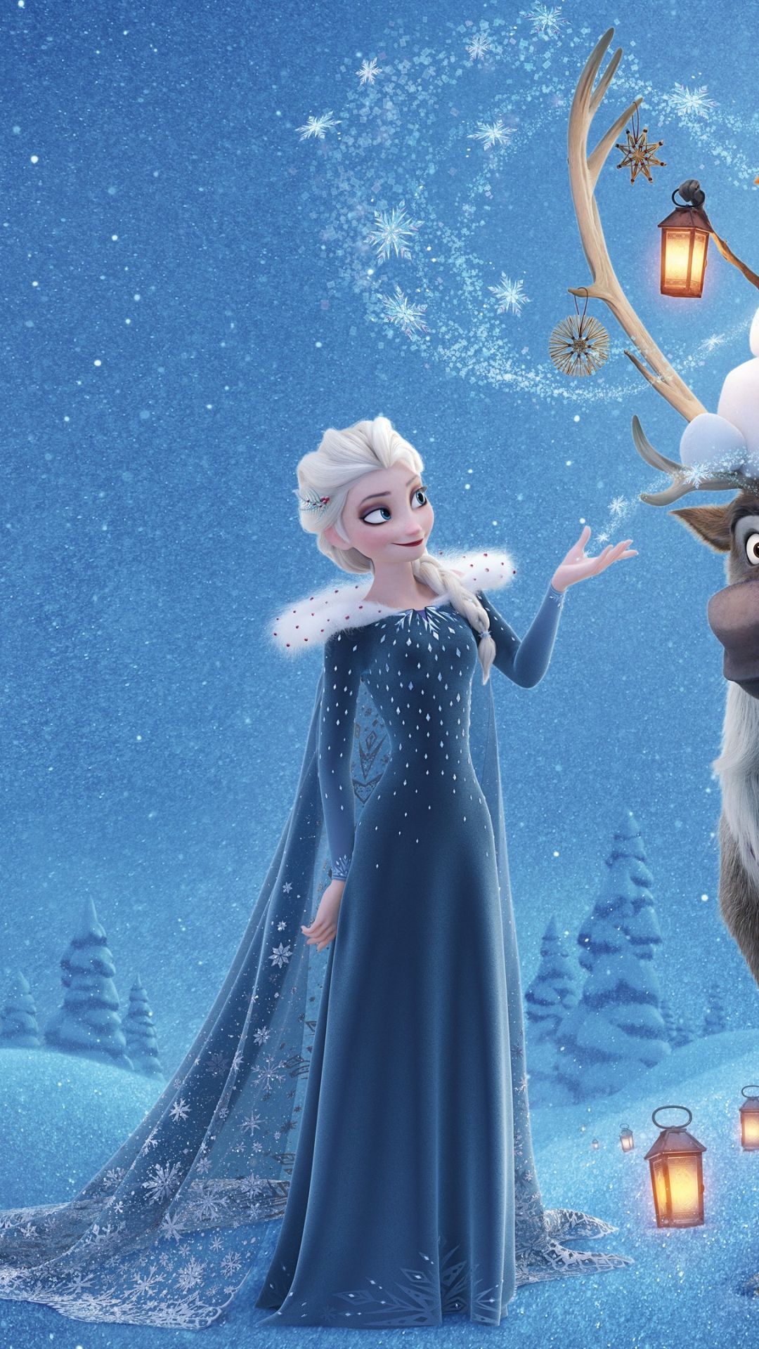 Download Olaf's Frozen Adventure, Elsa, Anna, winter, deer, snow, 4k Samsung Galaxy S4 wallpaper 1080x1920