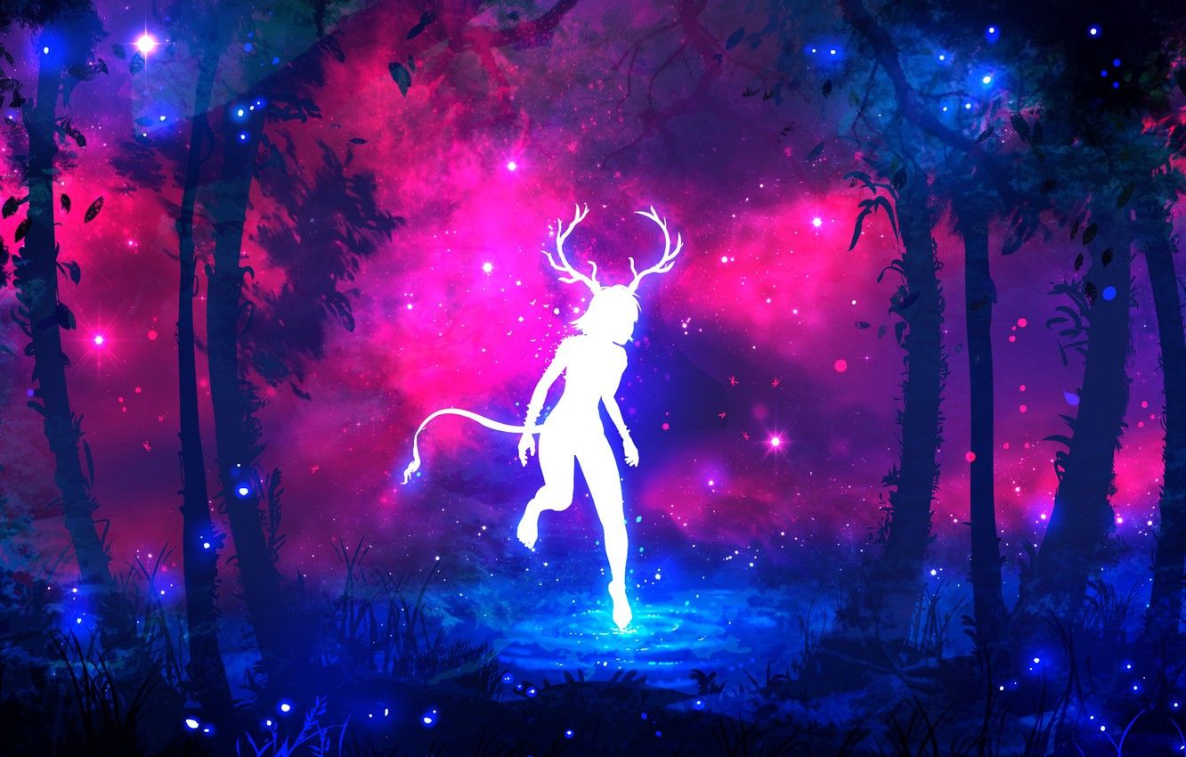 Wallpaper forest, purple, grass, water, girl, space, stars, trees, branches, fireflies, tree, lilac, pink, blue, dark, glow image for desktop, section арт