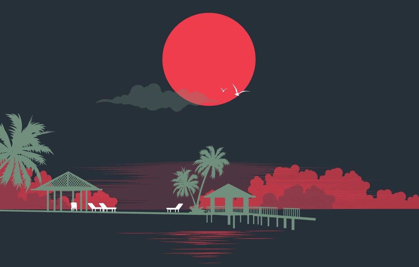 Wallpaper The sun, Sea, Music, Style, Palm trees, Silhouettes, 80s, Style, Neon, Illustration, 80's, Synth, Retrowave, Synthwave, New Retro Wave, Sintav image for desktop, section минимализм