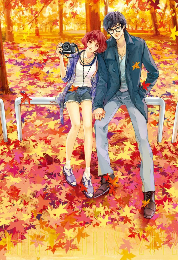 autumn, Yellow, Red, Leaves, Camera, Couple, Girl, Boy, Short, Hair, Glasses Wallpaper HD / Desktop and Mobile Background