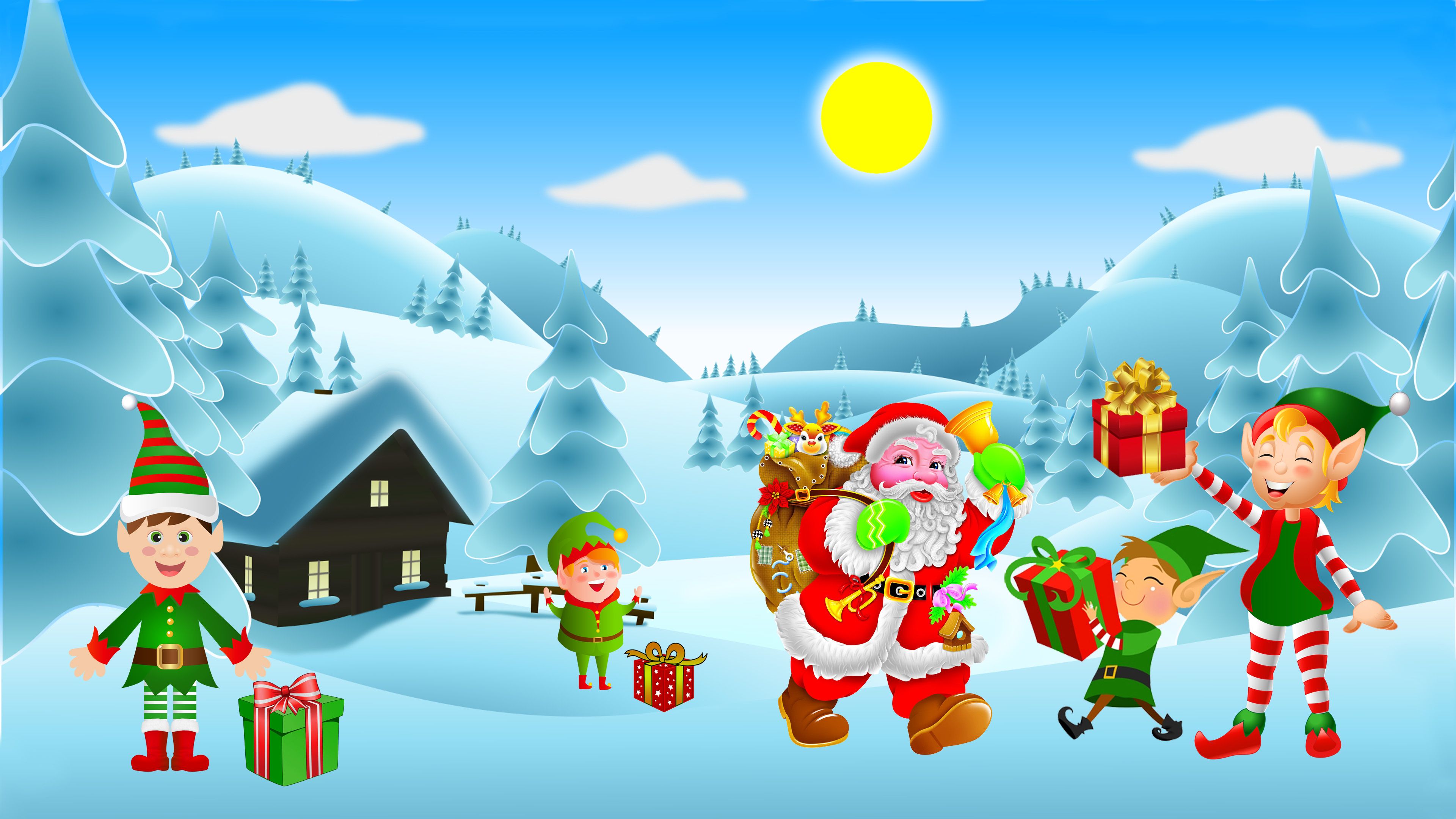 Merry Christmas Winter Snow Cheerful Kids With Christmas Gifts From Santa Claus Clip Art New Year Wallpaper HD For Desktop Mobile Phones Tablet And Tv 3840x2160, Wallpaper13.com