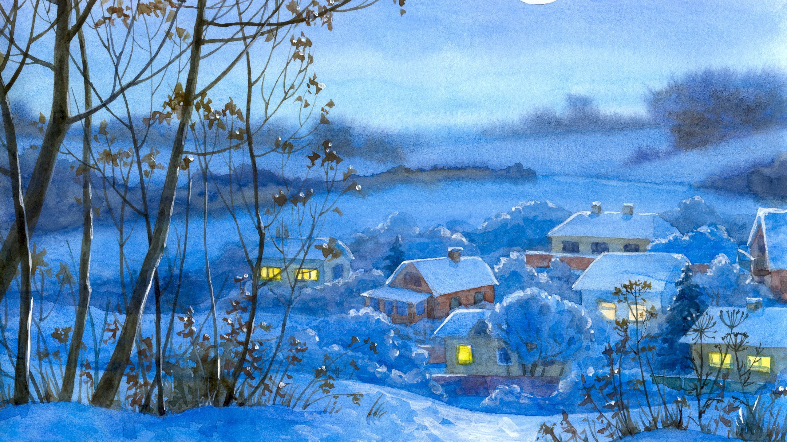 Download wallpaper 2560x1440 painting, winter, village, home, night, month, snow widescreen 16:9 HD background