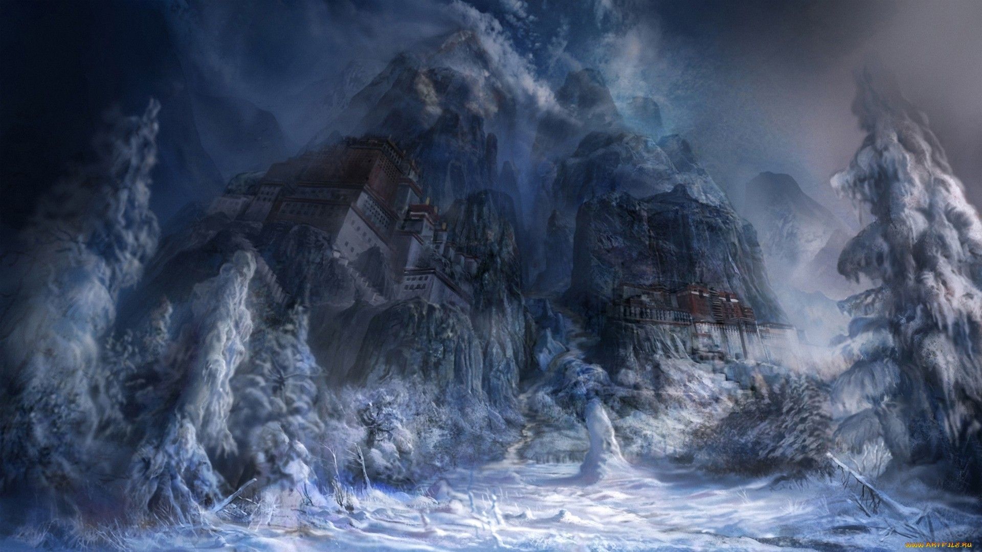 mountains, winter, snow, dark, fantasy art wallpaper