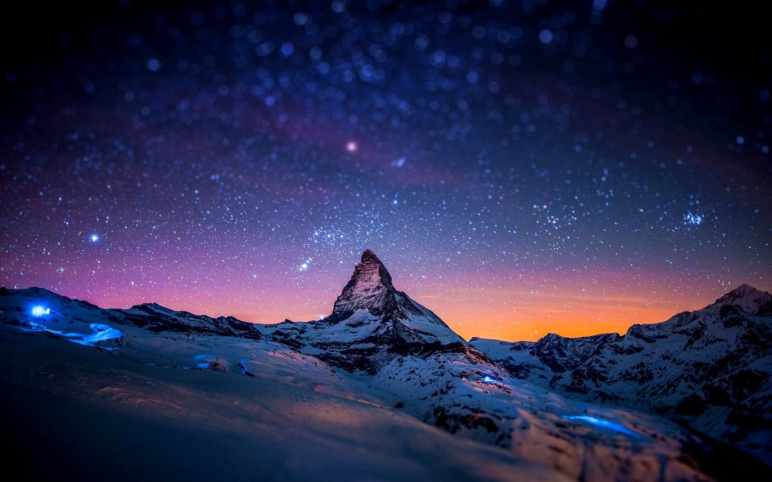 Download 2560x1600 Mountain, Night, Stars, Winter, Lights, Bokeh Wallpaper for MacBook Pro 13 inch