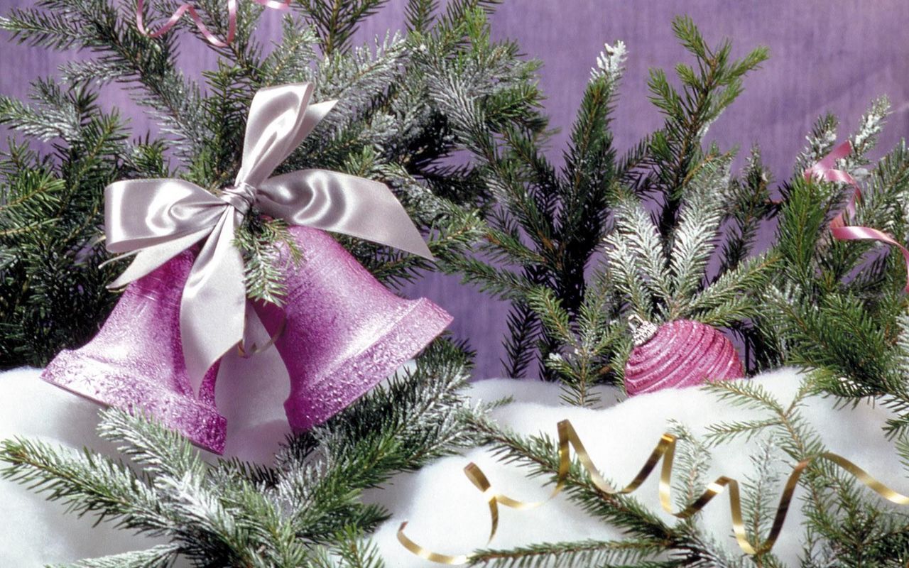 Download wallpaper 1280x800 bells, needles, christmas decorations, snow, holiday, christmas widescreen 16:10 HD background