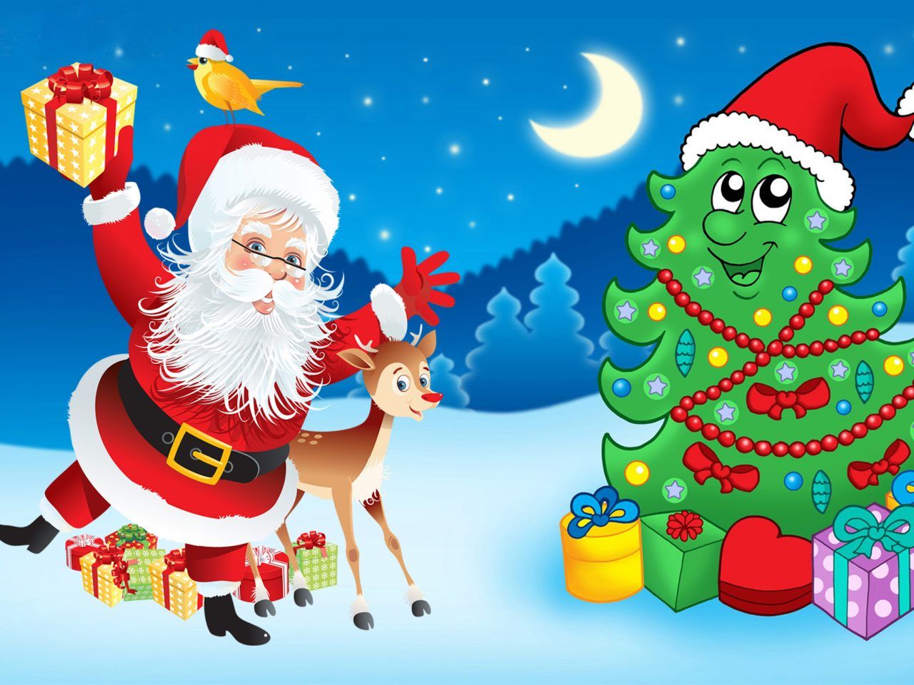 Santa Claus Christmas Tree Decorations Gifts Cartoon Christmas Wallpaper HD 2560x1600 1280x960