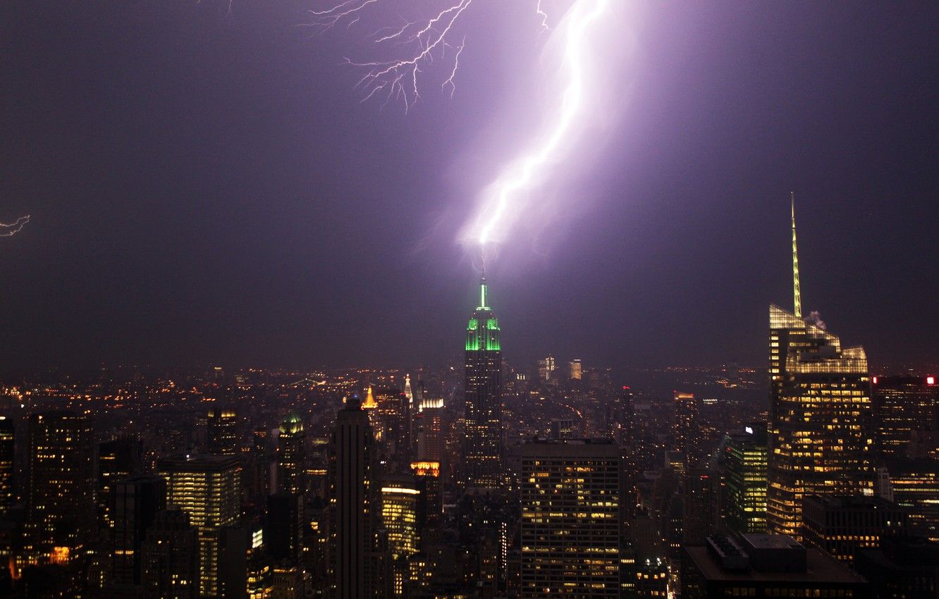Wallpaper USA, rain, lightning, New York, Manhattan, winter, Empire State Building, purple, thunder, charge, United States of America image for desktop, section город
