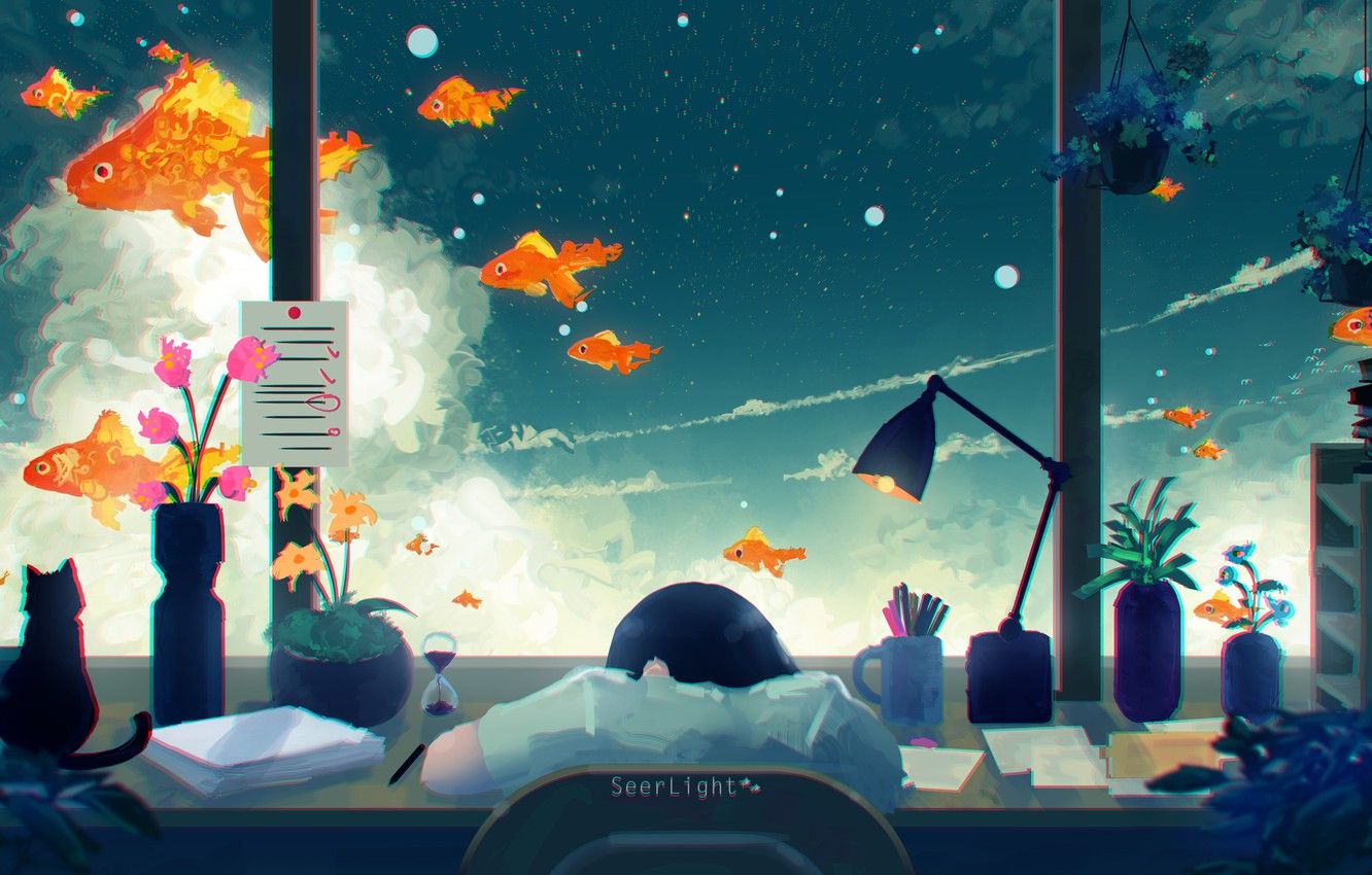 Wallpaper cat, the sky, girl, table, sleeping, goldfish, by SeerLight image for desktop, section арт