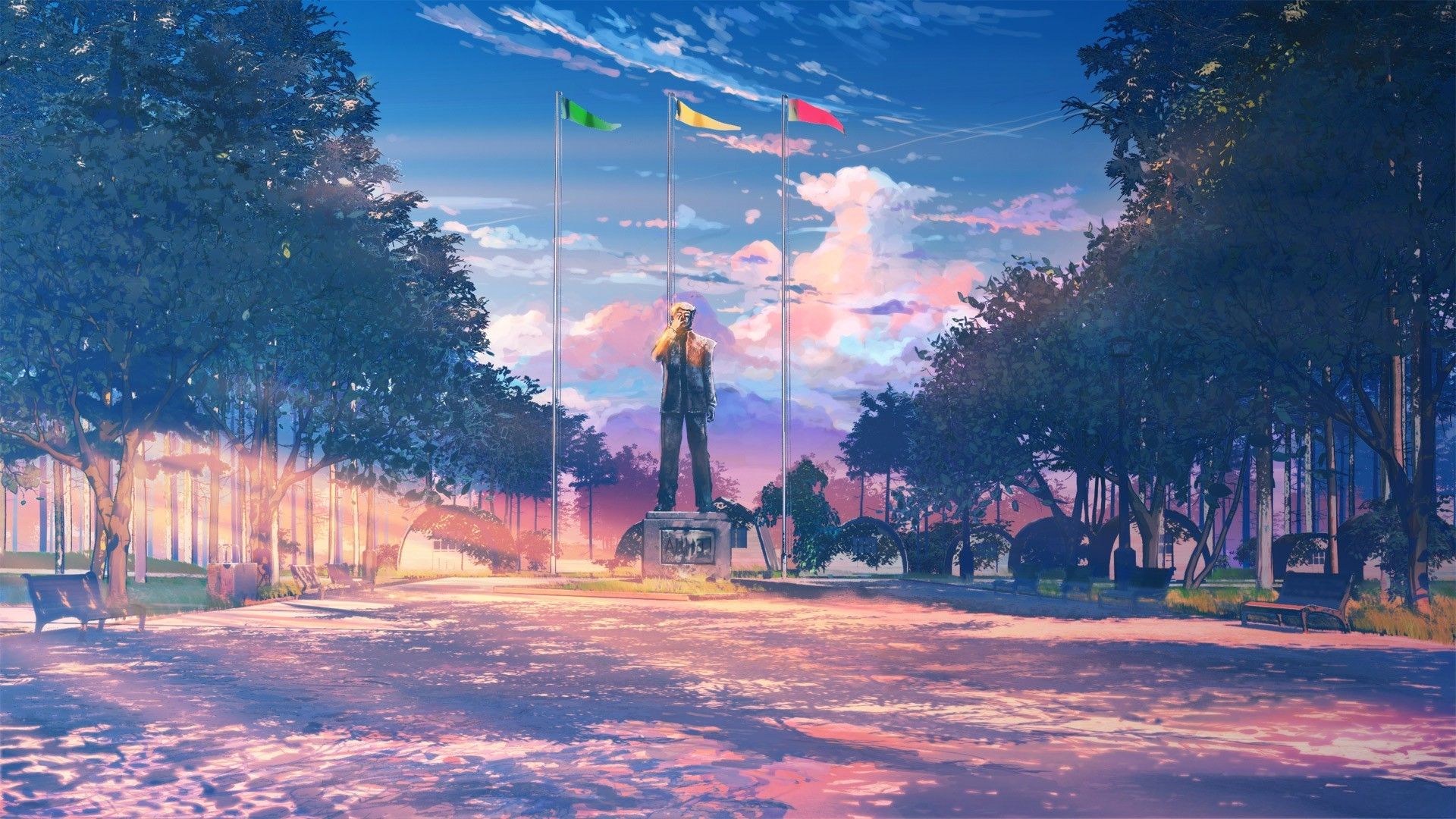 clouds, Statue, Flag, Bench, Everlasting Summer Wallpaper HD / Desktop and Mobile Background