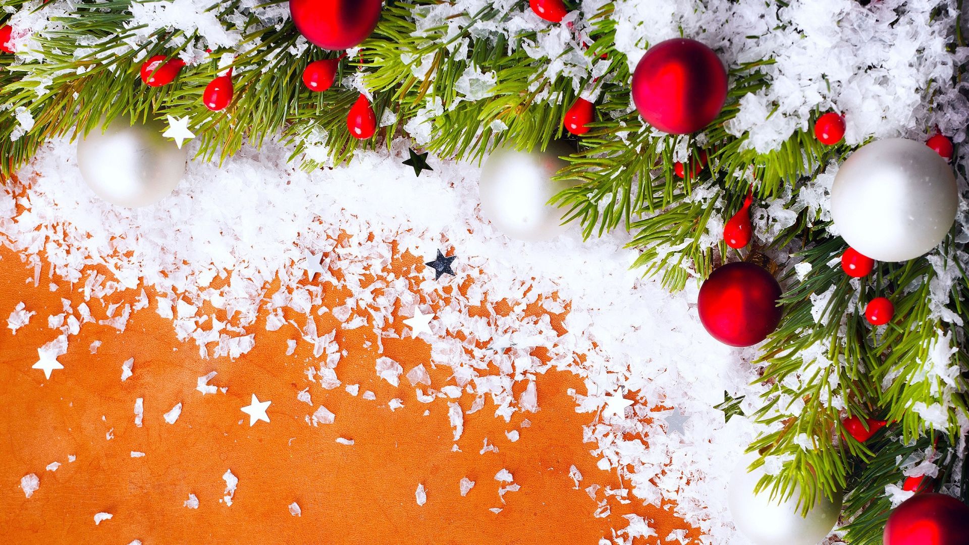 Festive decoration on an orange background for Christmas Desktop wallpaper 1920x1080