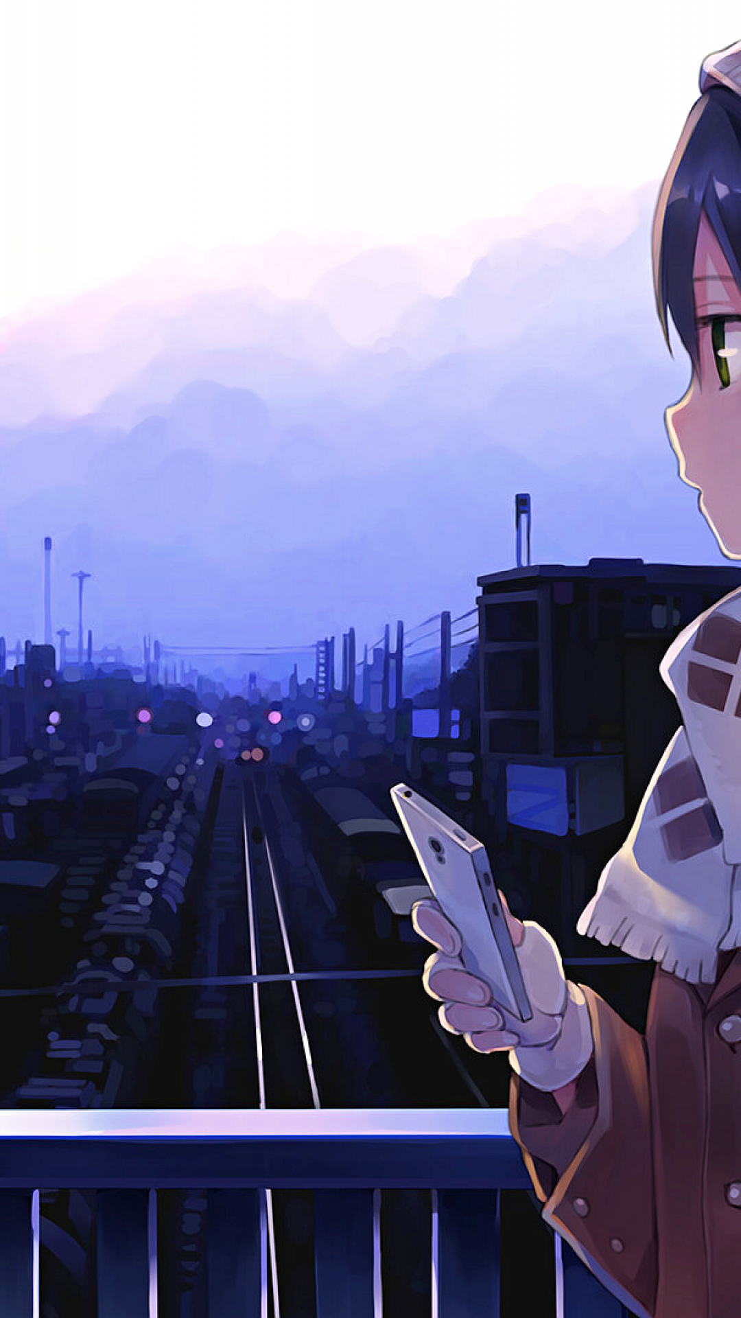 Anime Girl, Train Station, Winter, Scarf, Profile View View Wallpaper iPhone