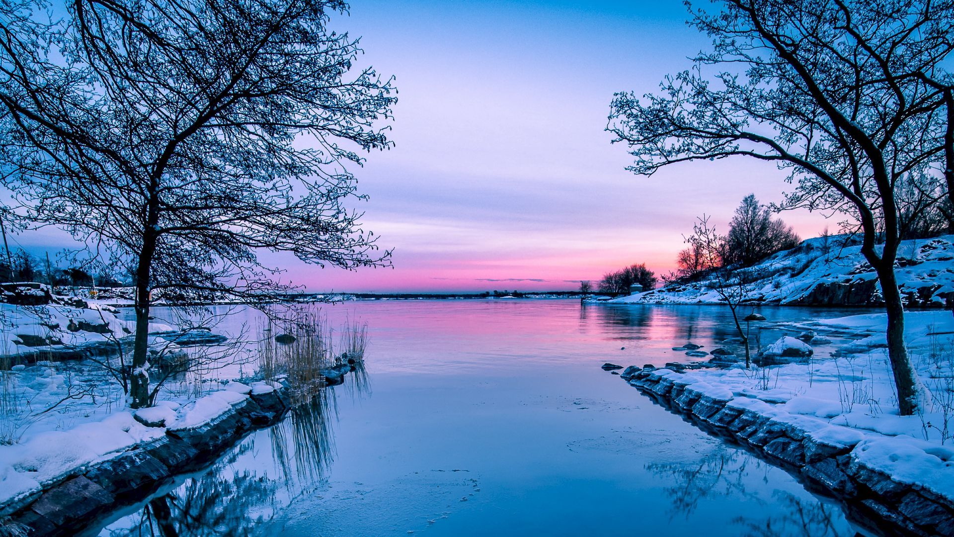 Download wallpaper 1920x1080 lake, sunset, horizon, winter full hd, hdtv, fhd, 1080p HD background