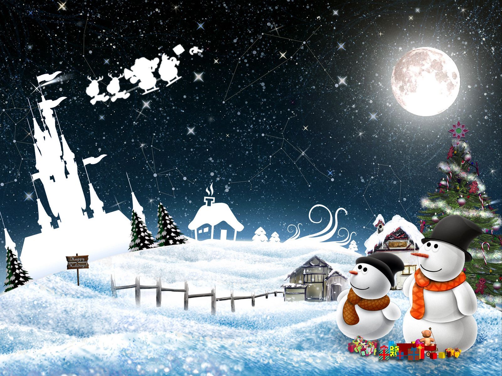 Download wallpaper 1600x1200 new year, snowmen, night, greeting, holiday, christmas standard 4:3 HD background