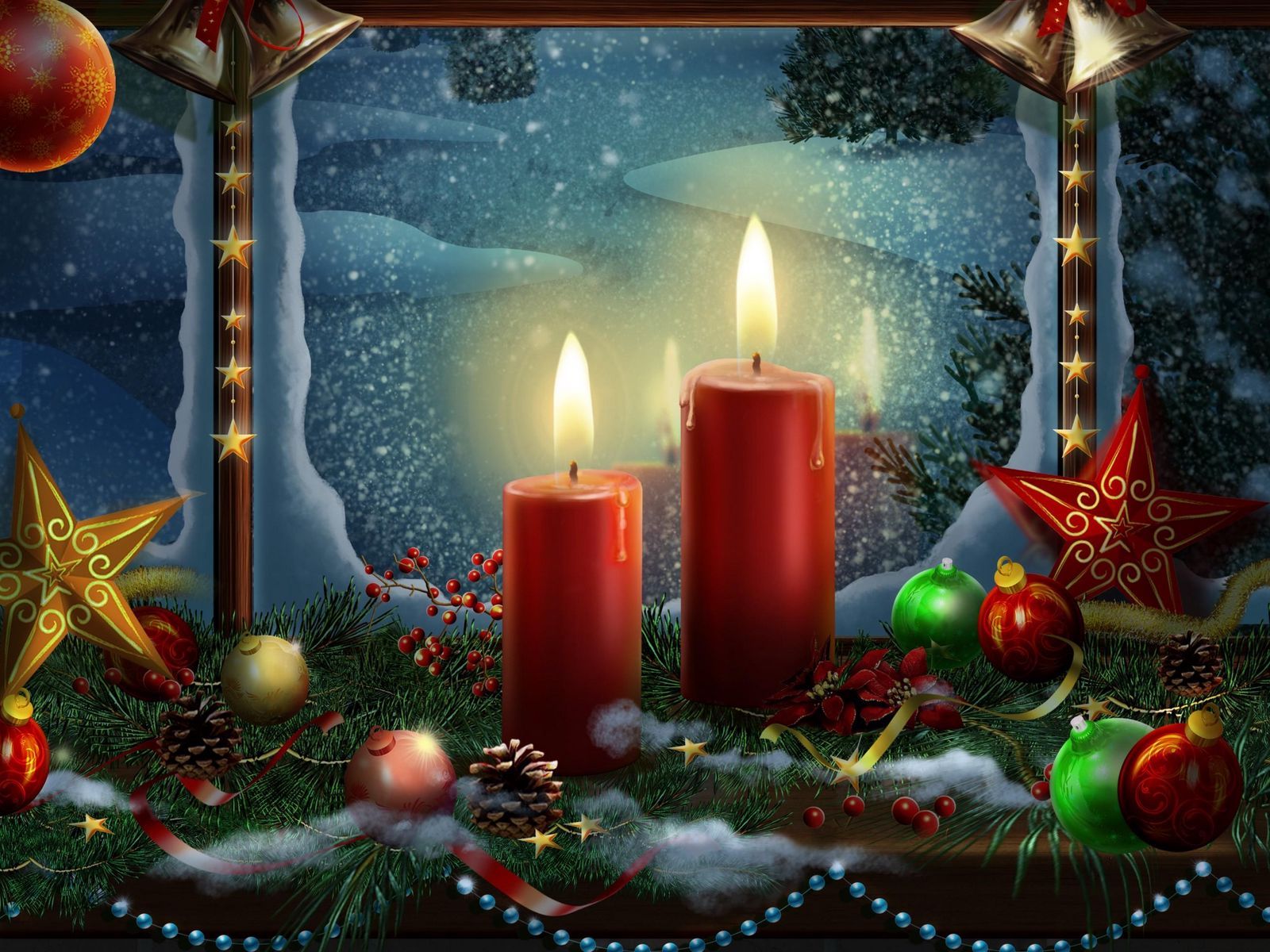 Download wallpaper 1600x1200 new year, holiday candles, postcards, toys, stars, christmas standard 4:3 HD background