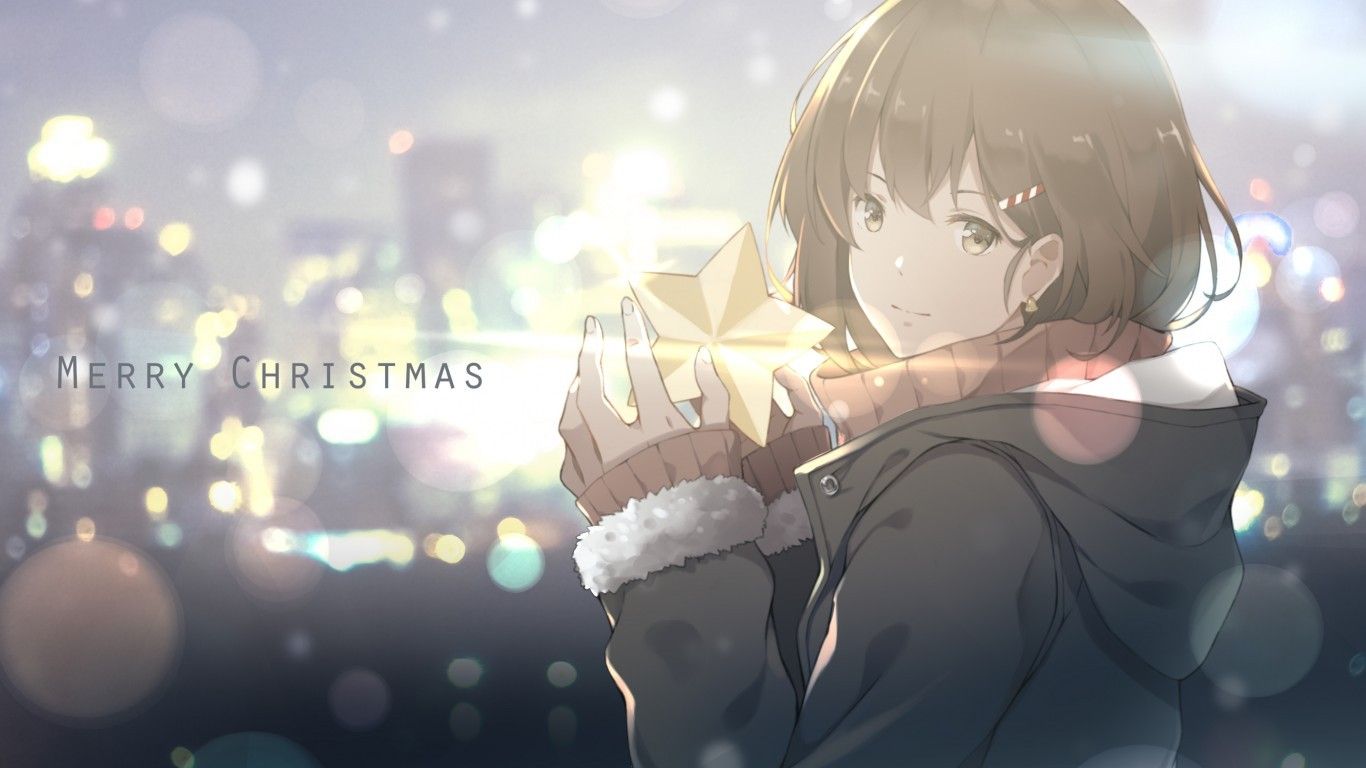 Download 1366x768 Anime Girl, Merry Christmas, Winter, Star Wallpaper for Laptop, Notebook
