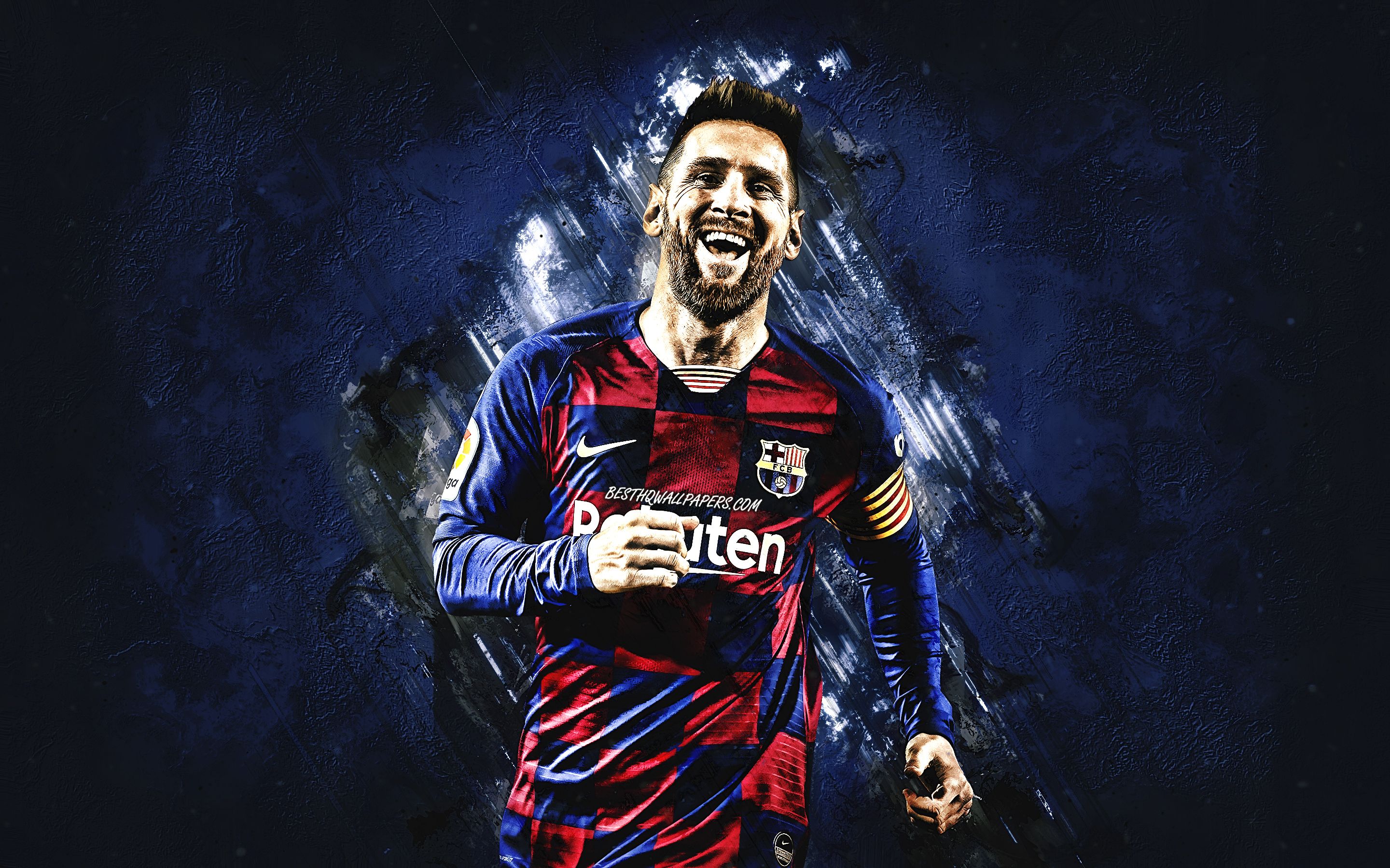 Download wallpaper Lionel Messi, portrait, Barcelona FC, Catalan football club, Champions League, world football star, blue stone background, creative art, Leo Messi for desktop with resolution 2880x1800. High Quality HD picture wallpaper
