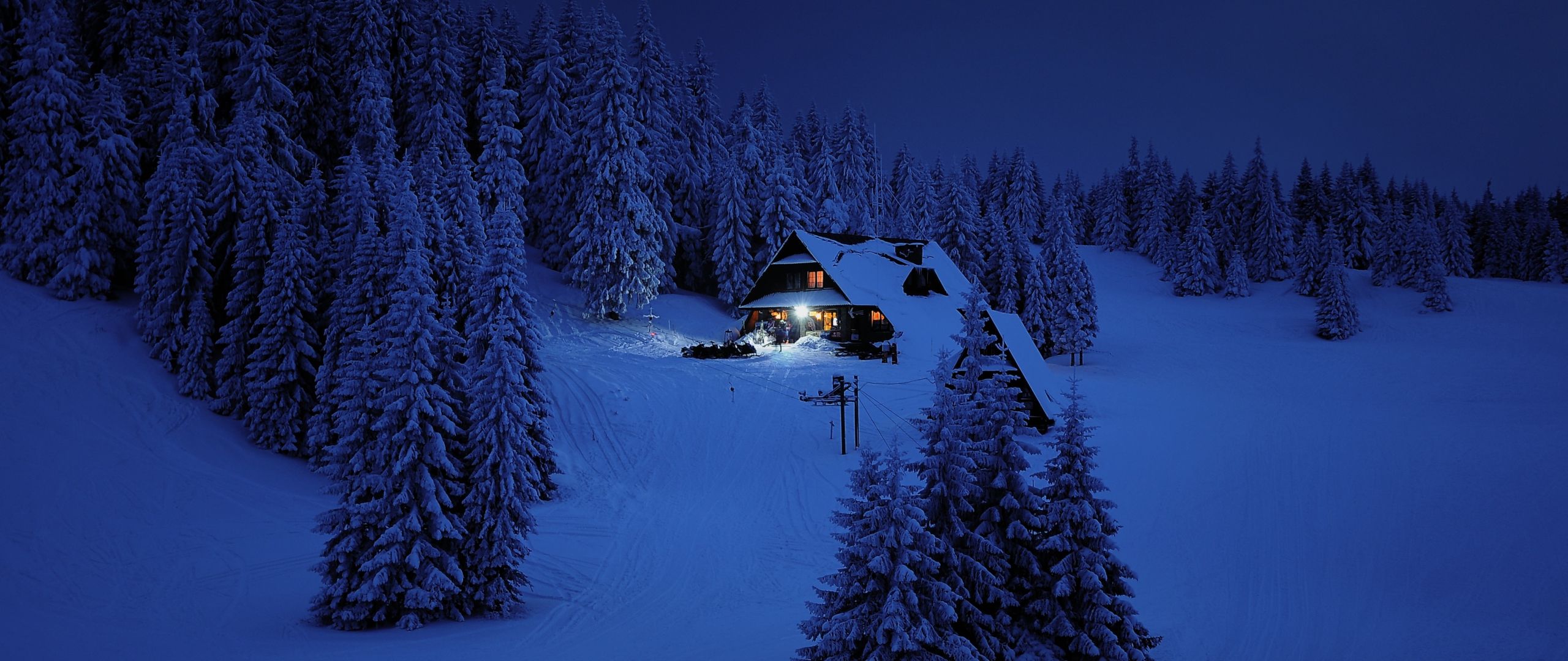 Download house, night, winter, trees, snow layer, nature 2560x1080 wallpaper, dual wide 2560x1080 HD image, background, 7241