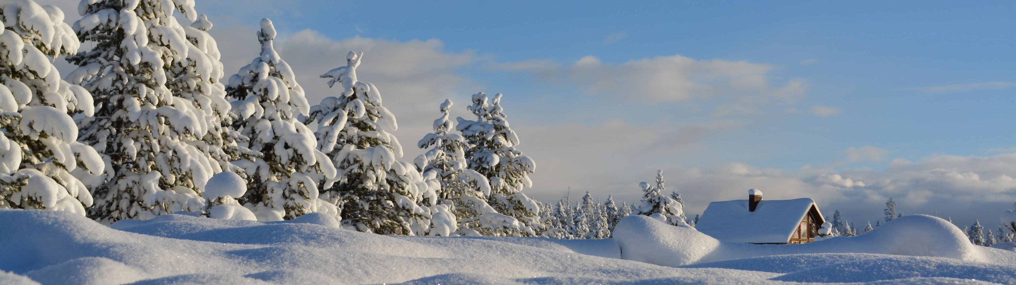 Download 3840x1080 Snow, House, Winter, Sky, Pines Wallpaper
