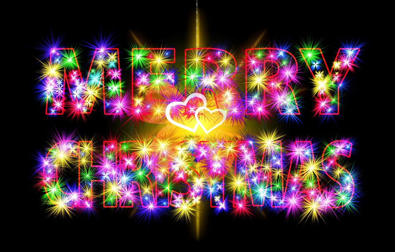 Wallpaper light, lights, lights, letters, the inscription, color, vector, heart, lights, Christmas, hearts, New year, chain, black background, bow, colorful image for desktop, section новый год