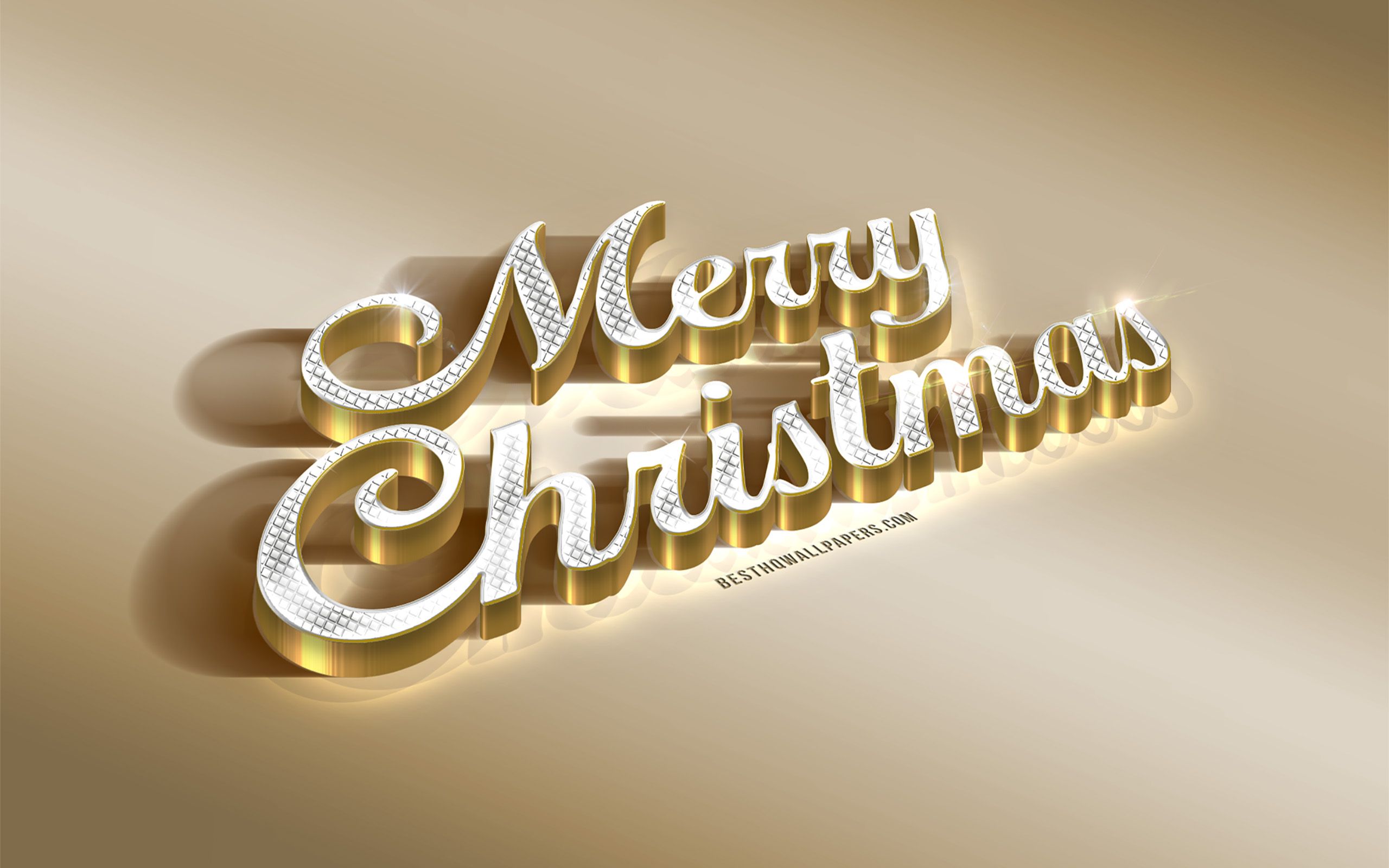 Download wallpaper Merry Christmas, 3D art, 3D diamond letters, golden inscription, Christmas greeting card, creative art, golden background for desktop with resolution 2560x1600. High Quality HD picture wallpaper