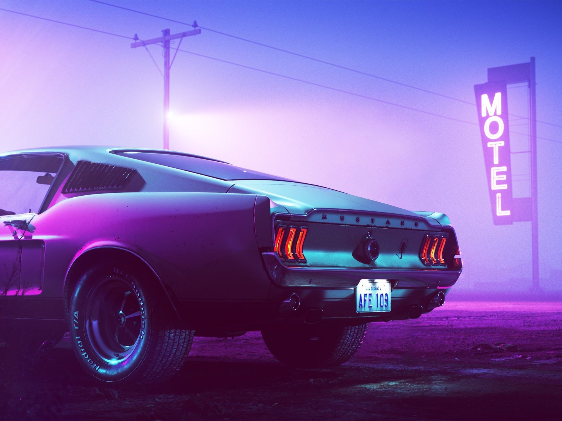 Wallpaper 1969 Ford Mustang car back view, motel, neon, night 2560x1440 QHD Picture, Image
