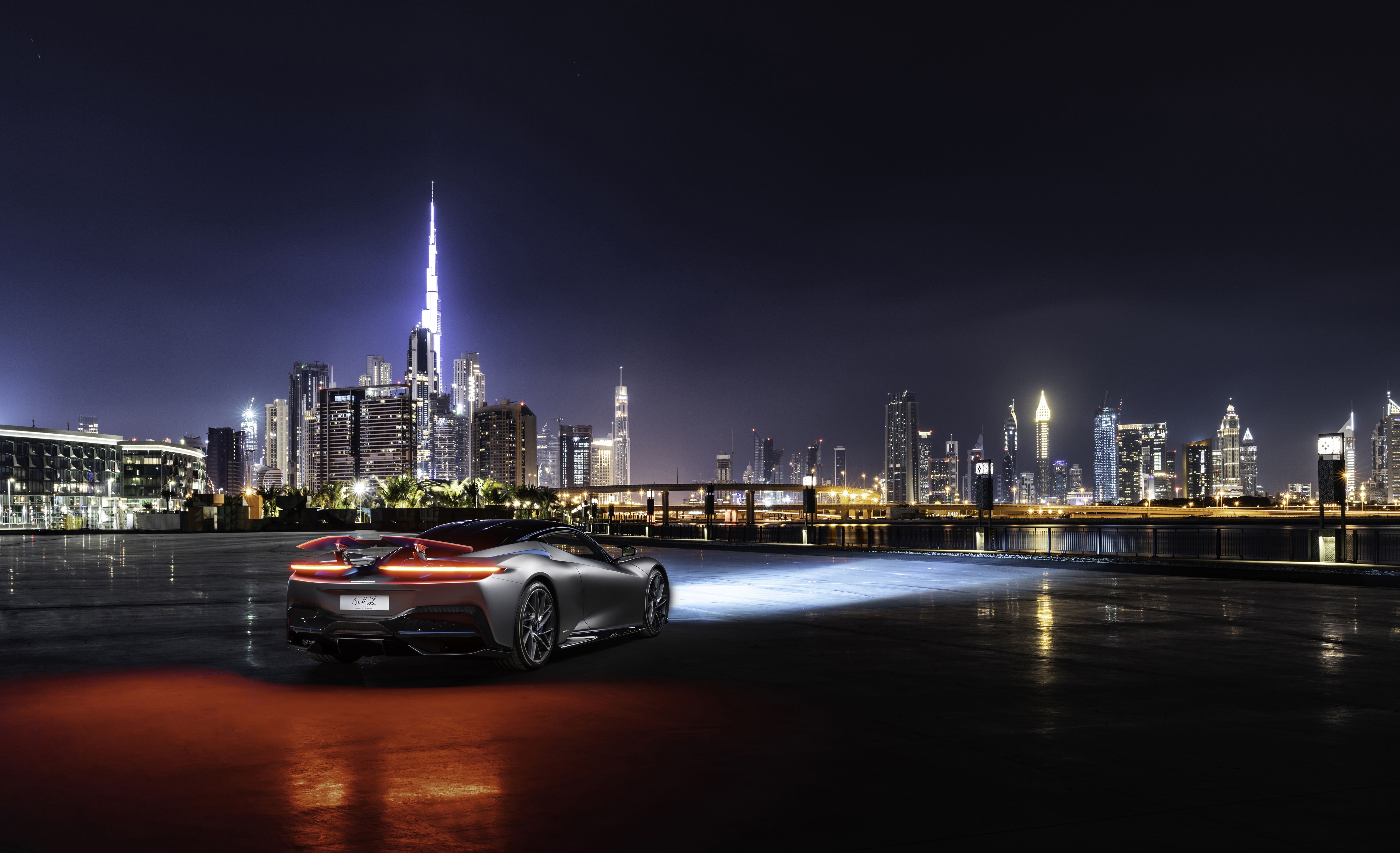 Pininfarina Battista 4K Wallpaper, Dubai, Night, Cityscape, City lights, 5K, Cars