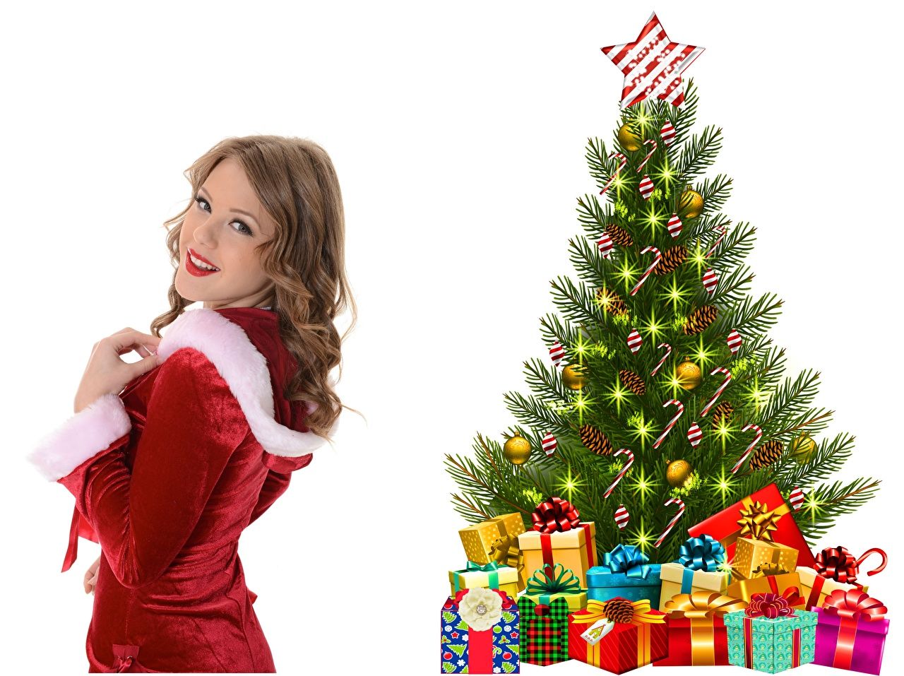 Desktop Wallpaper New year Brown haired Star decoration Smile Girls