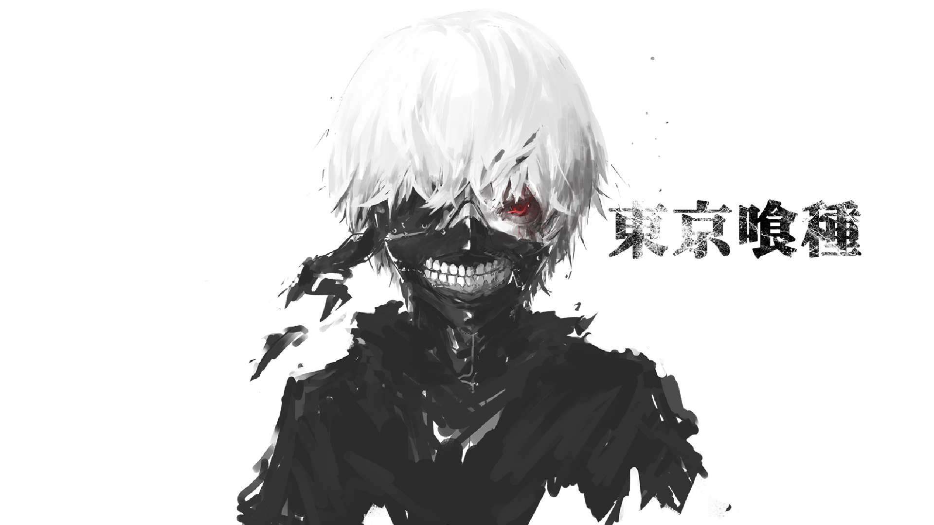 #anime boys, #teeth, #Kaneki Ken, #white background, #selective coloring, #typography, #anime, #simple background, #Tokyo Ghoul, #red eyes, wallpaper Gallery HD Wallpaper