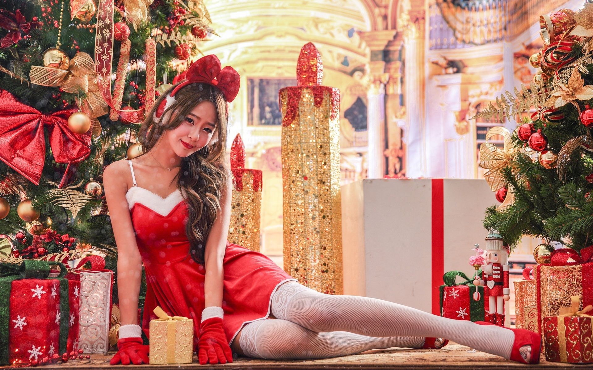 Wallpaper Pretty Asian girl, red dress, smile, Christmas holiday 1920x1200 HD Picture, Image