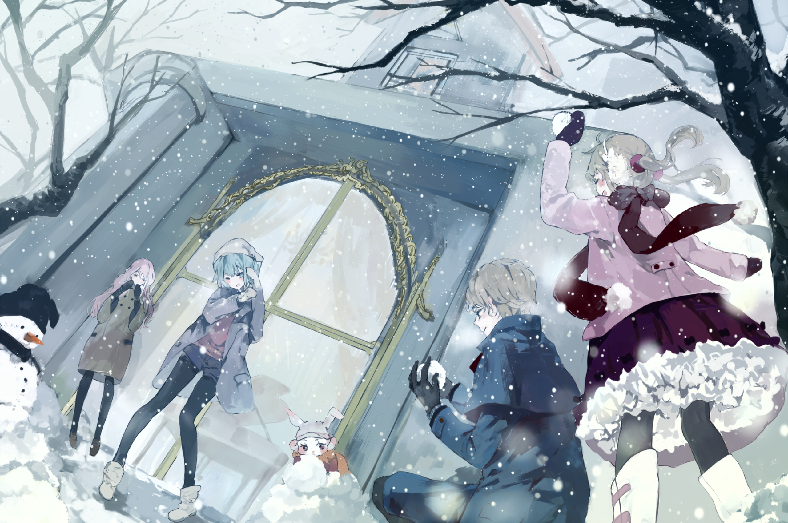 Download 2560x1700 Anime Winter, Snow, Tree, Snowball, Snowman Wallpaper for Chromebook Pixel