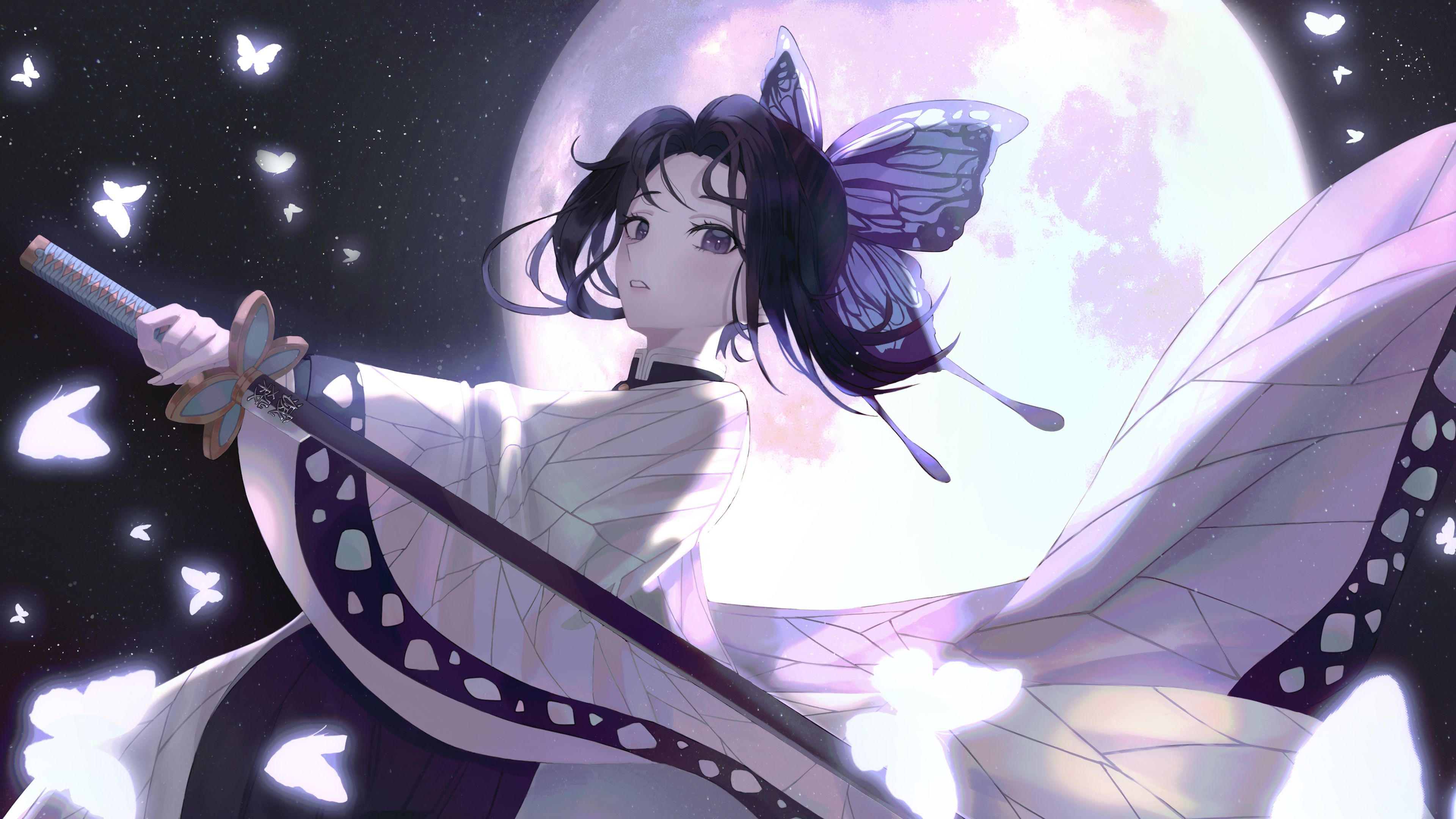 Demon Slayer Butterfly Girl Shinobu Kochou With Sword With Backgound Of Bright Moon Dark Sky And Stars 4K HD Anime Wallpaper