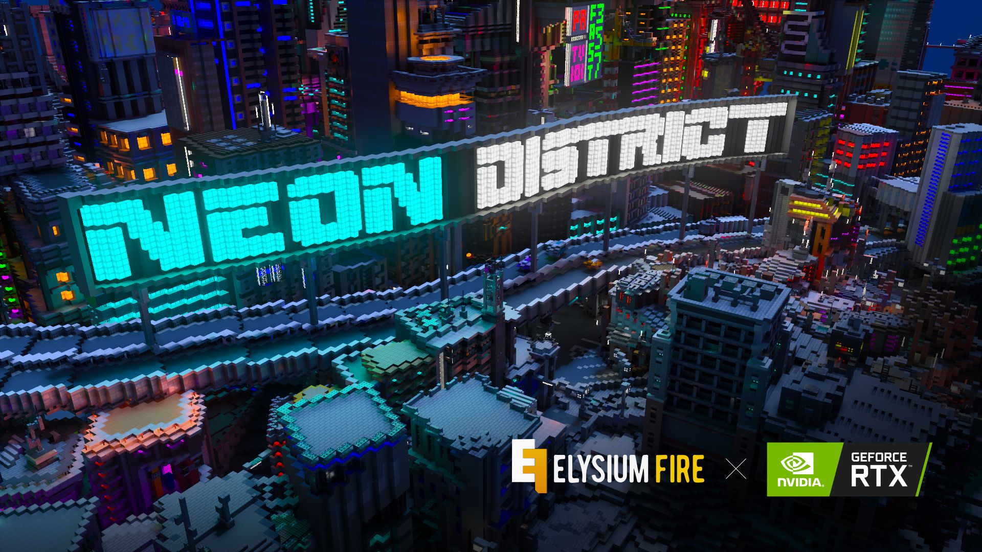 Elysium Fire is Neon District RTX, available at 7 pm CET, for free on Minecraft Marketplace for Minecraft RTX BETA ! #RTXOn