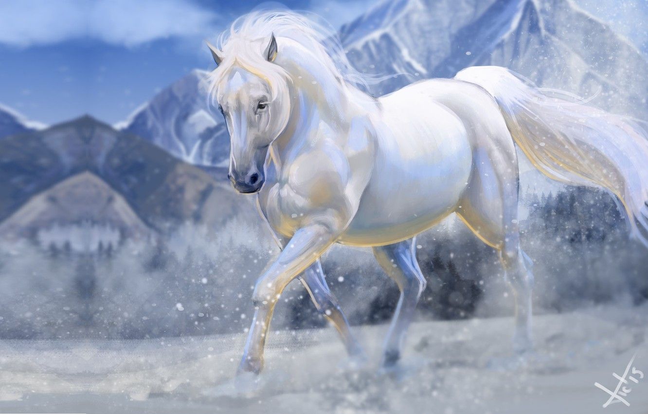 Wallpaper winter, snow, mountains, horse, art, Victor Lozada, Shadowfax image for desktop, section живопись