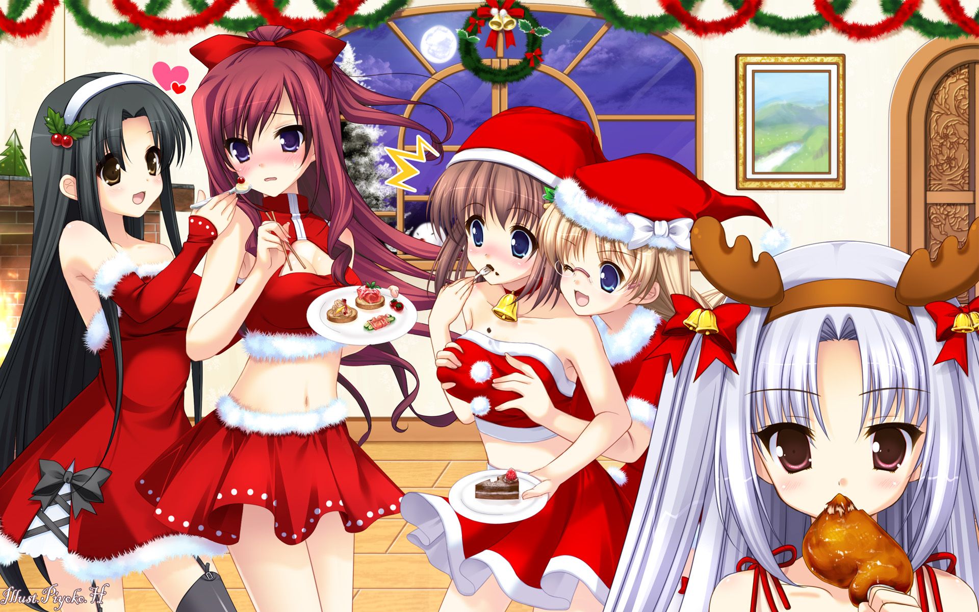 11 Eyes Christmas Blush Christmas Food Glasses Hirohara Yukiko Kusakabe Misuzu Minase Yuka Momono Shiori Santa Costume Tachibana Kukuri Winter Wallpaperx1200