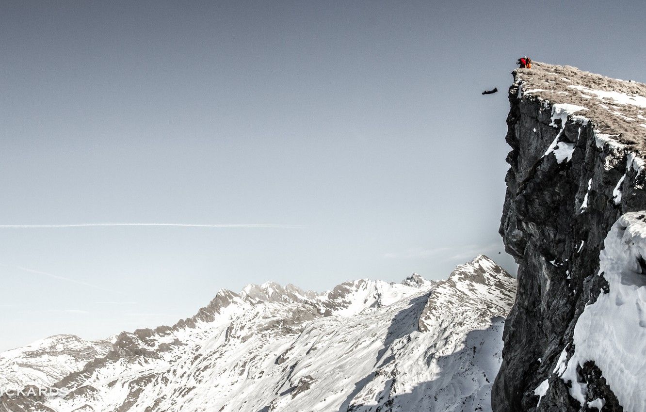 Wallpaper winter, the sky, snow, mountains, rocks, parachute, container, pilot, extreme sports, wingsuit, base jumping, beyser, the smoke trail image for desktop, section спорт