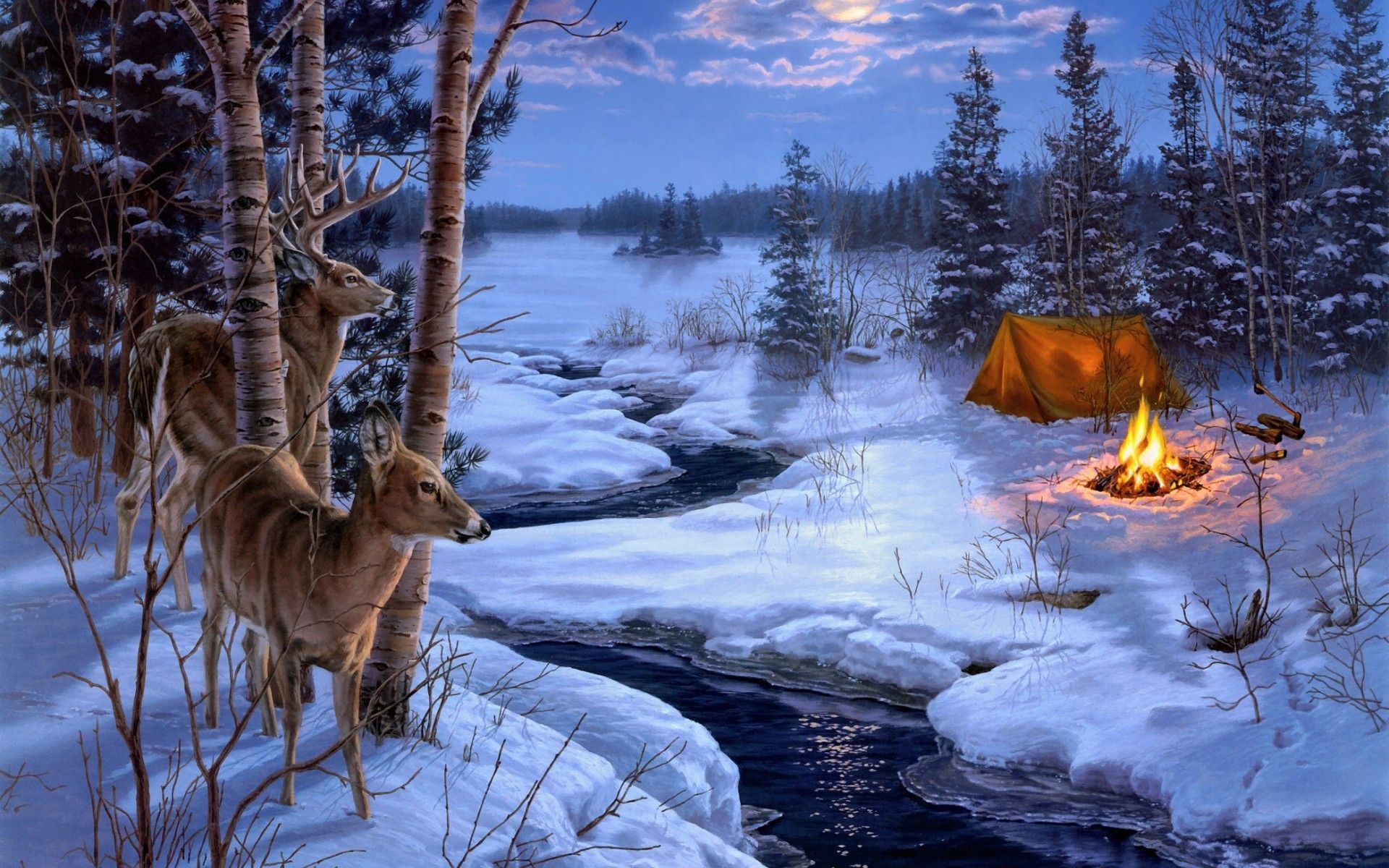 Gorgeous Winter Scenic View Wide Desktop Background Wallpaper HD. Deer wallpaper, Background image wallpaper, Deer painting