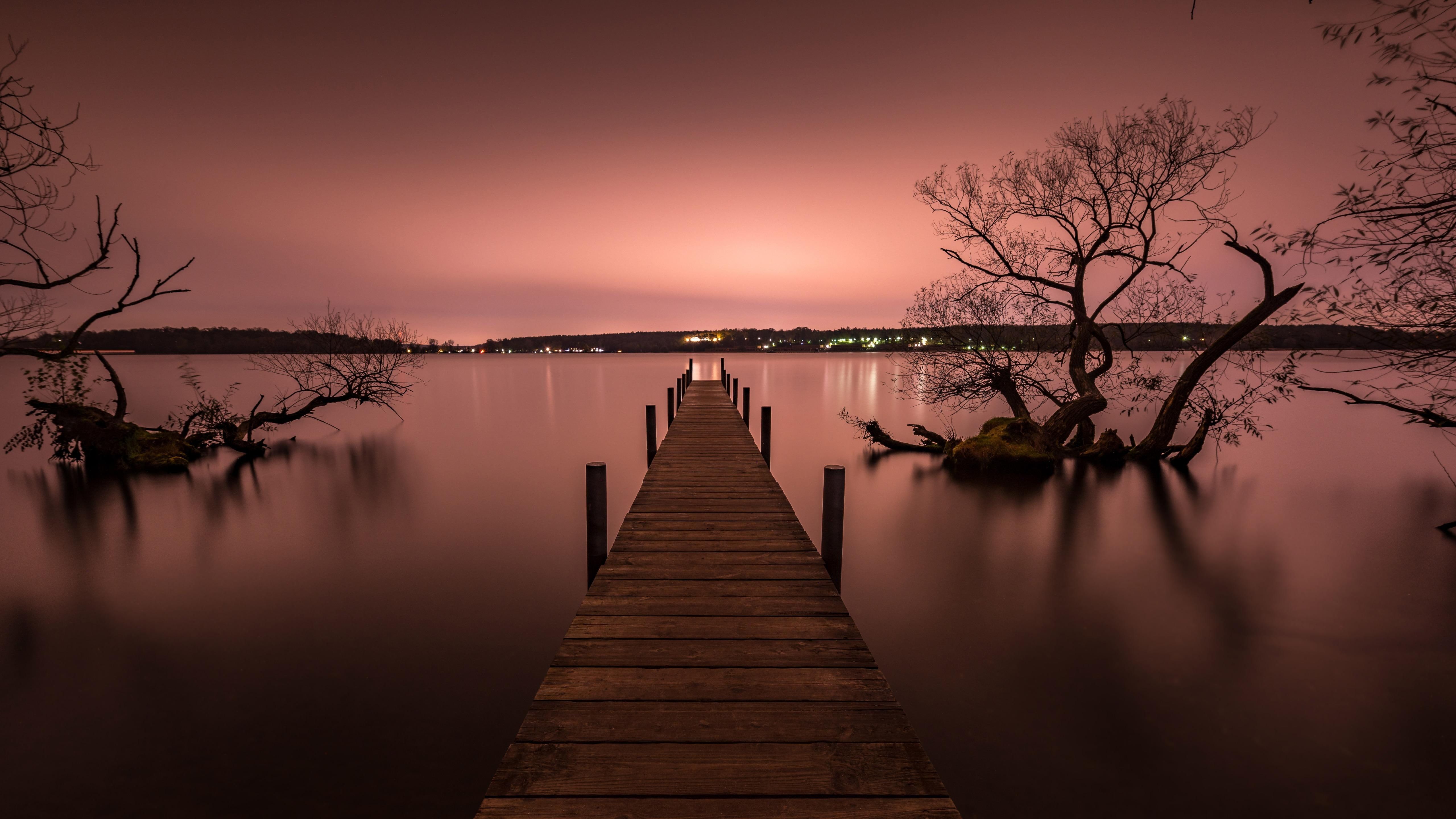 pier #silent #calm #lake #reflection #water pink sky #sunset #evening #dusk #tree K #wallpaper #hdwallpaper #desktop. Pink sky, Sunset wallpaper, HD wallpaper
