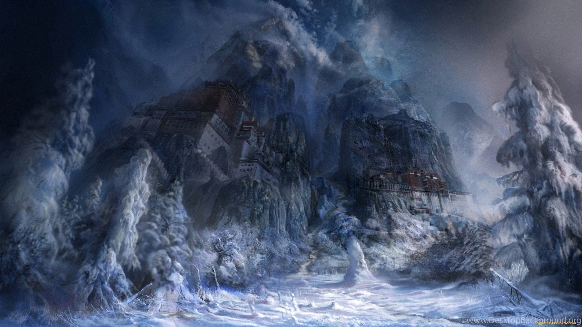 Mountains, Winter, Snow, Dark, Fantasy Art wallpaper Desktop Background