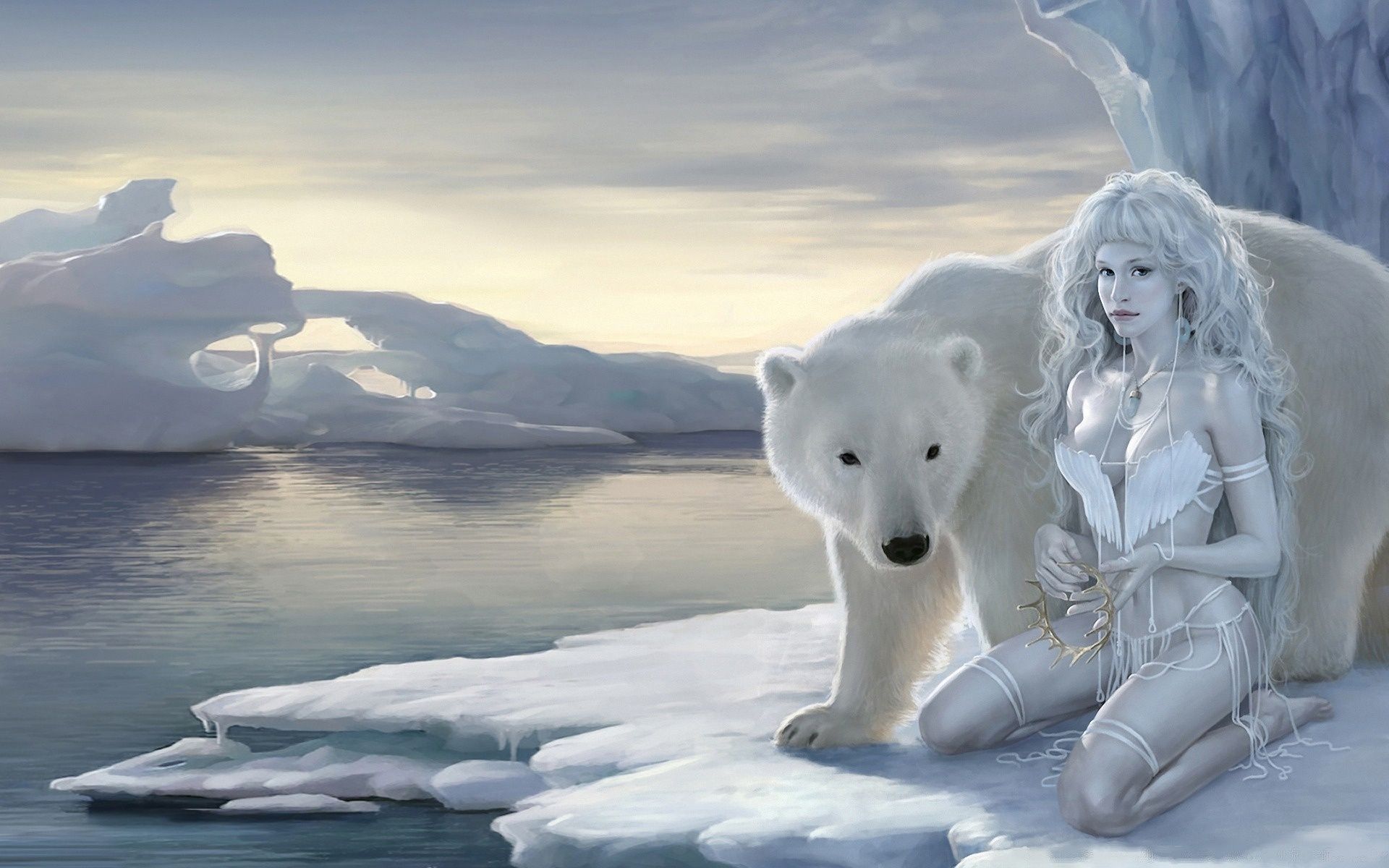 Wallpaper bear, fantasy, girl, ice, winter, pet, white, fantasy desktop wallpaper Anime and Fantasy GoodWP.com