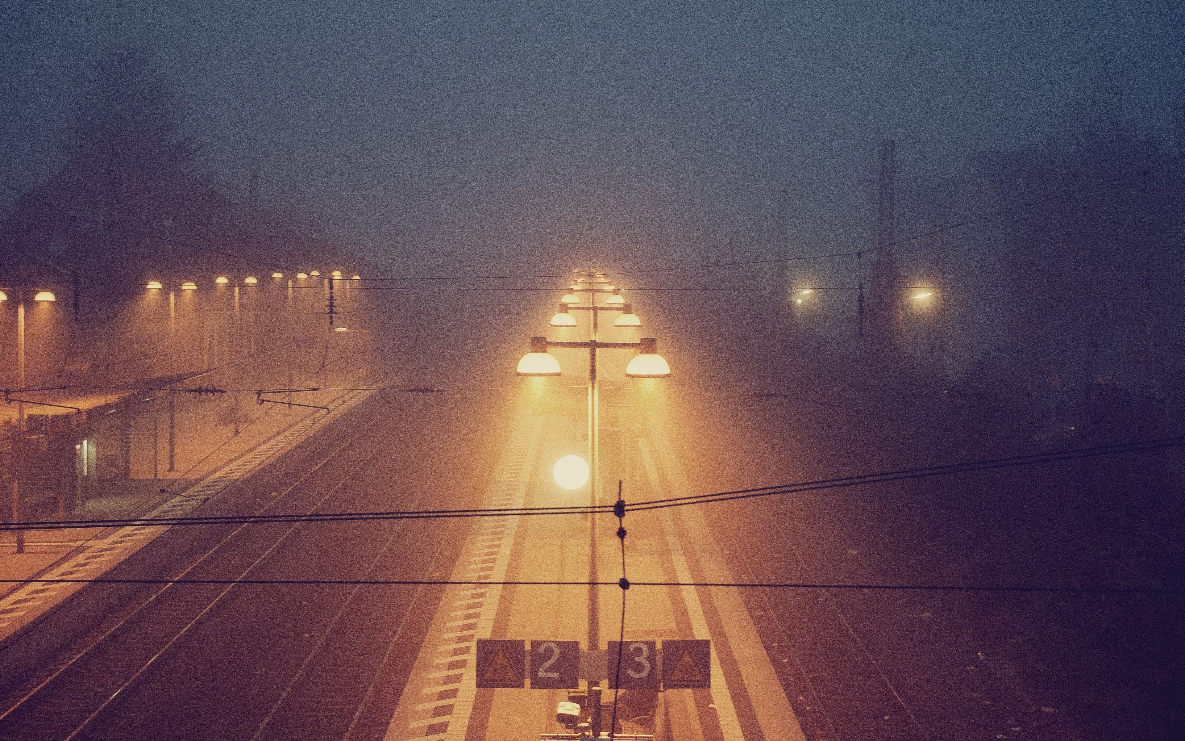 Train Station Foggy Night 4K Ultra HD Desktop Wallpaper